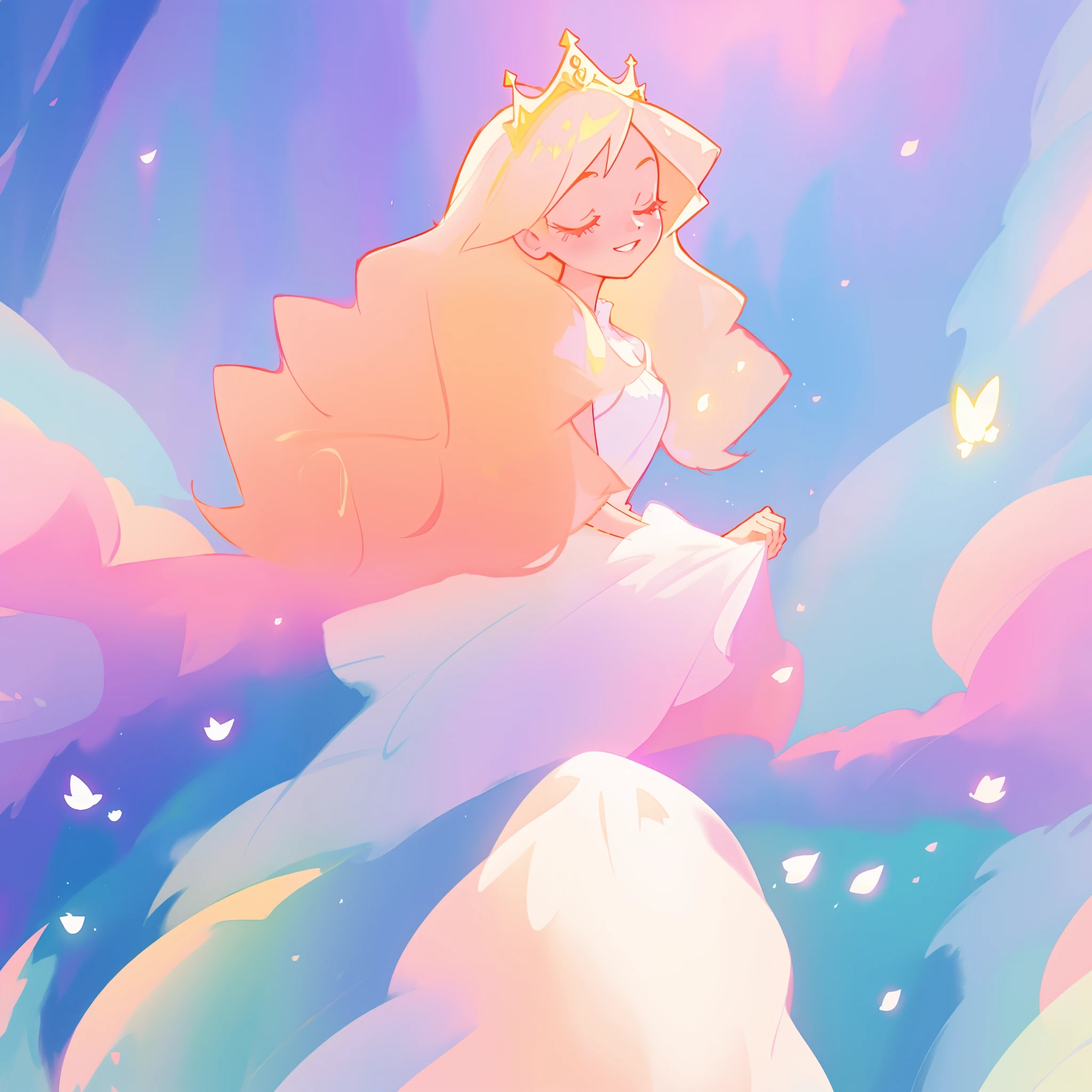beautiful girl in pale pink princess puffy layered ballgown, sparkling white tiara, fairy dress, long peach and golden hair, watercolor illustration, inspired by Glen Keane, inspired by Lois van Baarle, disney art style, by Lois van Baarle, glowing aura around her, by Glen Keane, jen bartel, glowing lights! digital painting, flowing glowing hair, glowing flowing hair, beautiful digital illustration, fantasia otherworldly landscape plants flowers, beautiful, masterpiece, best quality, anime disney style