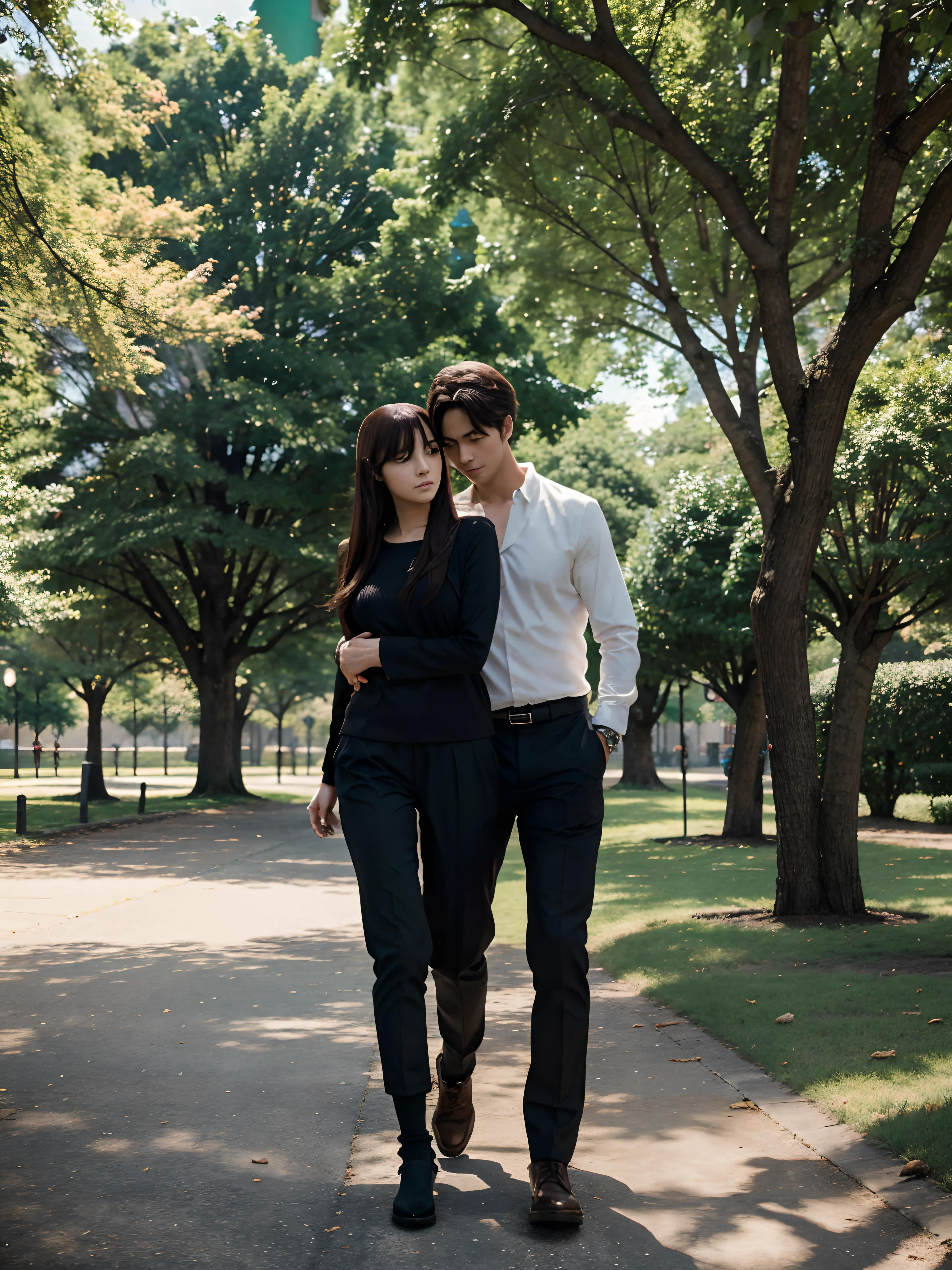 Anime style of An anime handsome man walks while embracing an anime beautiful woman in a park on a beautiful afternoon, perfect anatomy, intricated detailes, high quality, ultra HD resolution