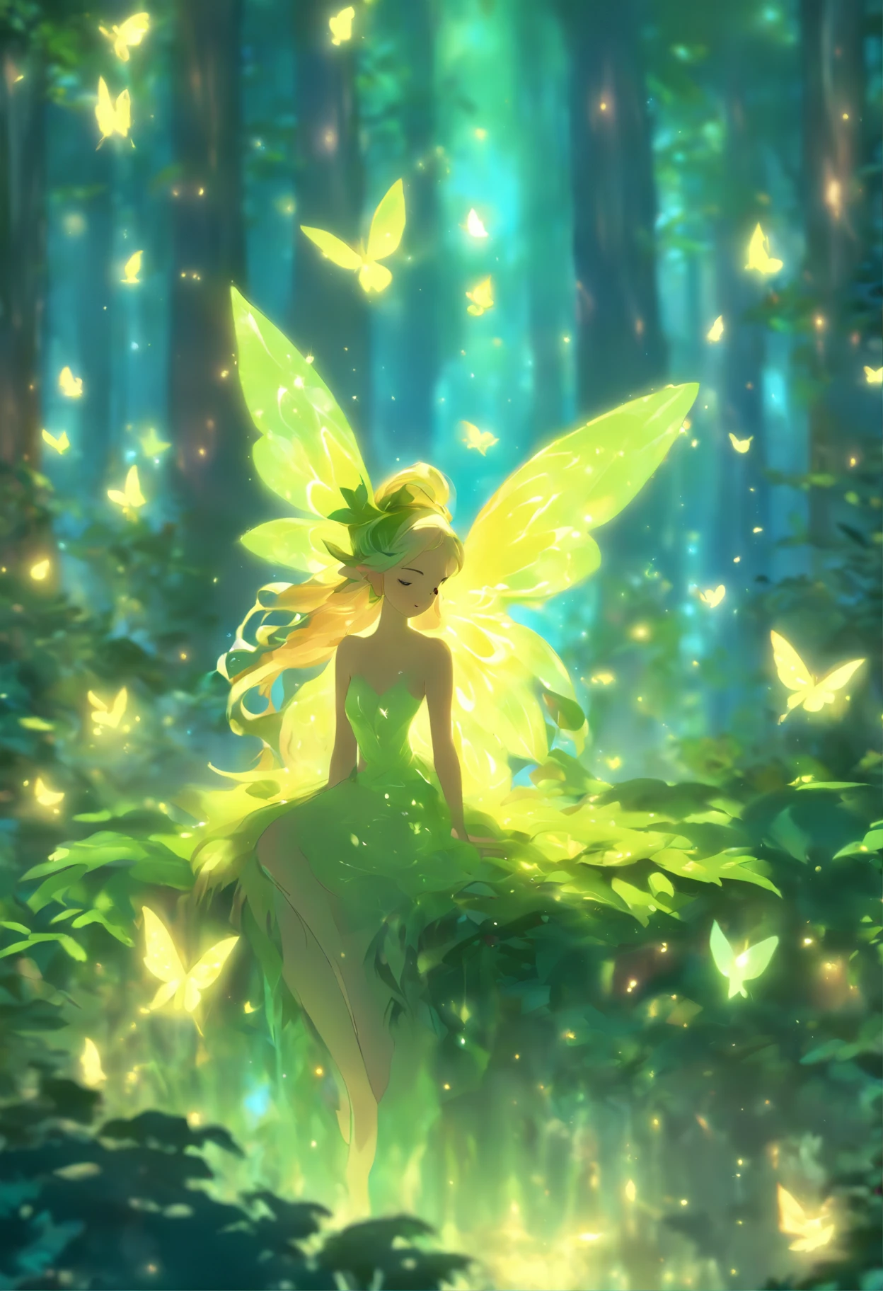 (best quality,4k,8k,highres,masterpiece:1.2),ultra-detailed,(realistic,photorealistic,photo-realistic:1.37),forest nymph elemental with glowing wings, made of leaves and nature,ethereal glow,pure,sublime,greenery,dreamy environment,magical enchantment,delicate and intricate leaf patterns,harmonious blending with surroundings,reflections of sunlight on wings,glimmering and radiant glow in the dark,serene and graceful posture,summoning the powers of nature,tiny sparkling dewdrops on wings,soft and gentle color palette,air of mystery and enchantment,subtle hints of magic in the air,whispering winds and rustling leaves,connection with trees and plants,strong connection with the forest,overflowing with natural energy,pristine beauty and innocence,evokes a sense of wonder and awe,graceful and fluid movement,natural and organic aesthetics,celestial and ethereal presence,rays of sunlight filtering through the forest canopy,fairy-like features,wise and ancient aura,enchanted and untamed forest realm,magic in every step and flutter,delicate and ephemeral,illuminating the darkest corners of the forest,close bond with animals and creatures of the forest,peaceful and tranquil atmosphere,deep sense of harmony between nature and the nymph,whispering secrets of the forest,each leaf intricately designed and vibrant with life,overwhelming sense of tranquility and serenity,sprightly and playful spirit.