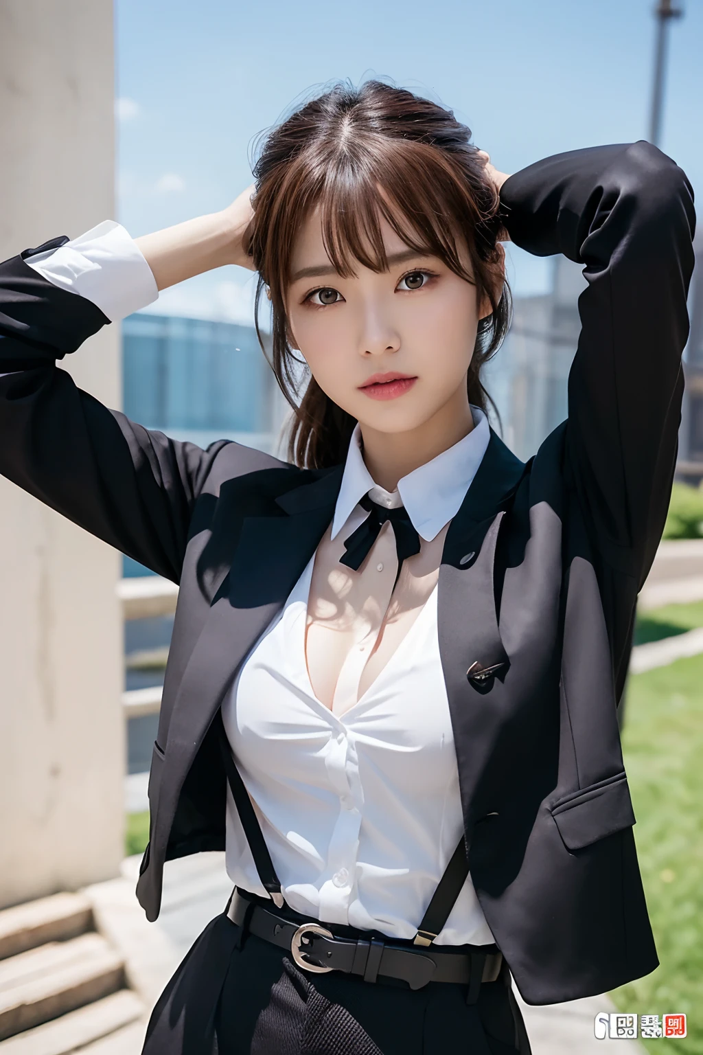 masterpiece、top-quality、The ultra -The high-definition、、colourfull、flat-colors、depth of fields、lens flare 1 girl、、Brown hair、watching at viewers a belt black suspenders Social OL ample bosom Armpit sweat perspiring Side of both hands walls: Black Suit Black pants, Black jacket