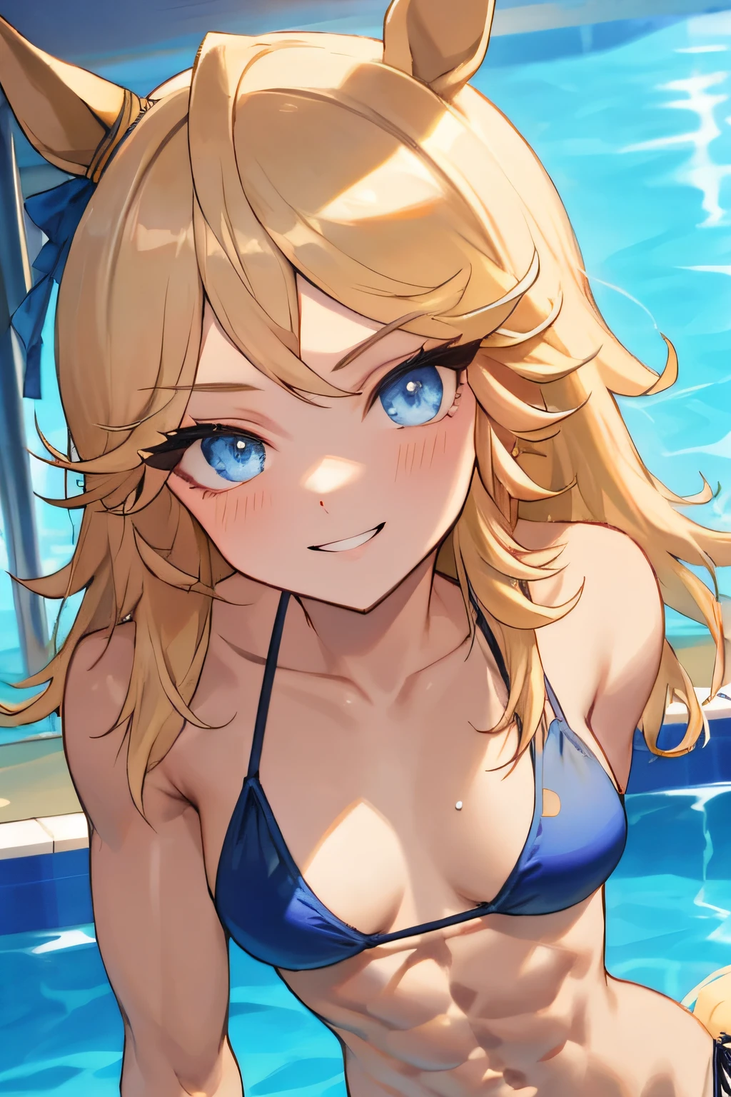 gold city \(umamusume\), masterpiece, best quality, ultra-detailed face, muscular, abs, upper body, plain bikini, horse tail, detailed clear eyes, frontage, pool, smile,