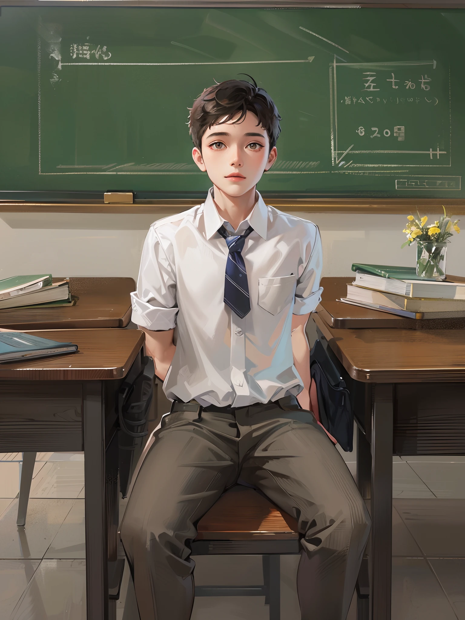 Young male teacher, Dress neatly, Professional clothing, Well organized impression, youthfulenergy, Smooth skin, Bright eyes, Gentle and confident expression, Straight waist, Tall and confident, An air of tenacity and determination, Determined gaze, ssmile, Passion and dedication，Chalk in your hand，blackboards，A group of students sat under the classroom podium，tmasterpiece，Best quality at best，4K，8K，high qulity，A high resolution