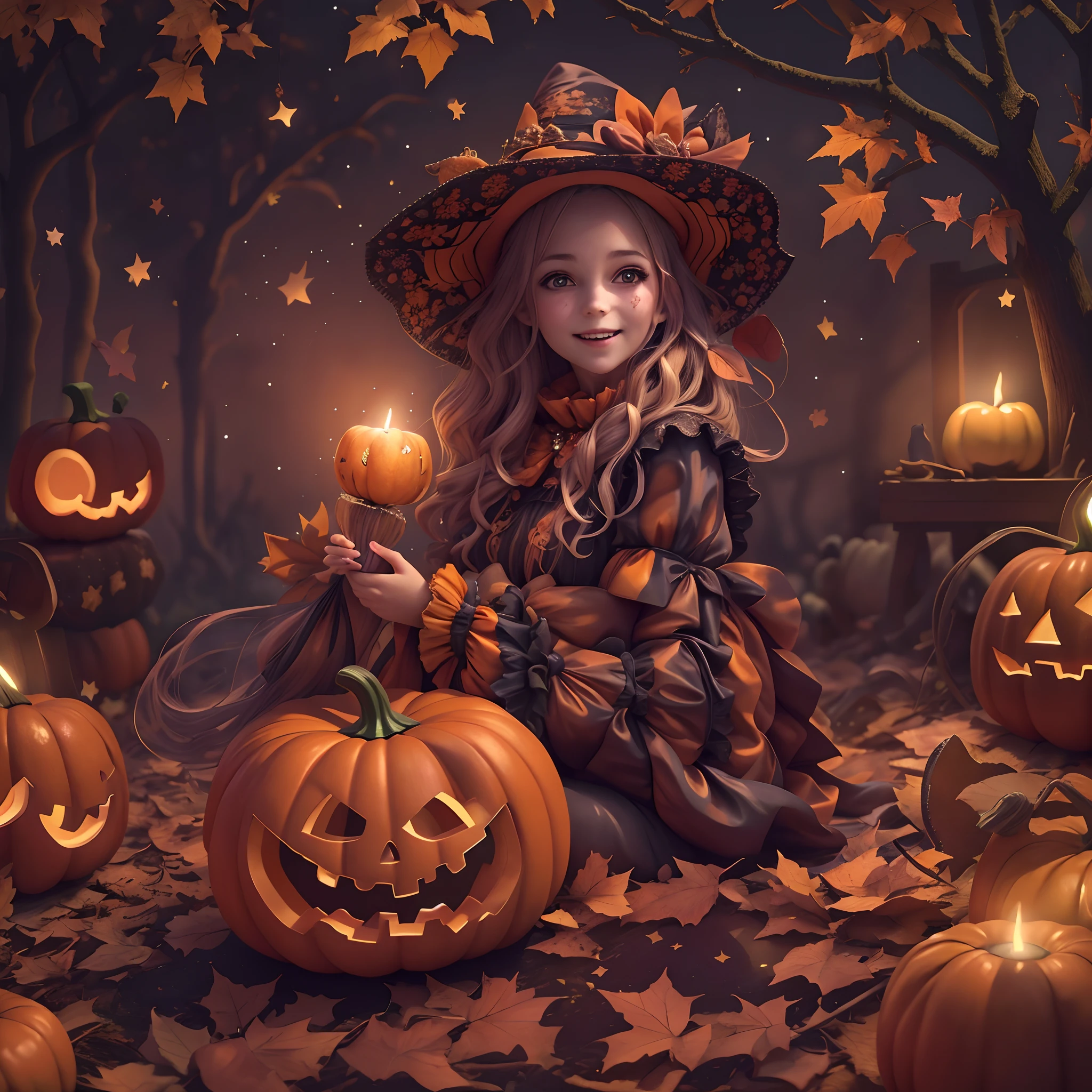 Halloween,(A girl in a pumpkin-shaped costume),Trick or treat without sugar,Autumn leaves,Spooky atmosphere,Jack's lantern lit,Decorate the house,Moonlit Night,Happy faces,Buckets full of sweets,Smiling pumpkin,festive decorations,Flashing candles,magical ambiance,Exciting anticipation,Fantasy setting,Enchanting night sky,Mysterious Shadows,Clothing ideas,sweets,Wind,Whimsical expressions,Glowing costumes,glittering stars,Enchanting moonshine,Supernatural creatures,hauntingly beautiful,Spooky ghosts,Celebrate the celebrations,Magical tricks,Youth and innocence,Spooky folklore,spiderwebs,Witches and wizards,Playful soul.(Best quality,4K,8K,A high resolution,Masterpiece:1.2),Ultra-detailed,(Realistic,Photorealistic,photo-realistic:1.37),