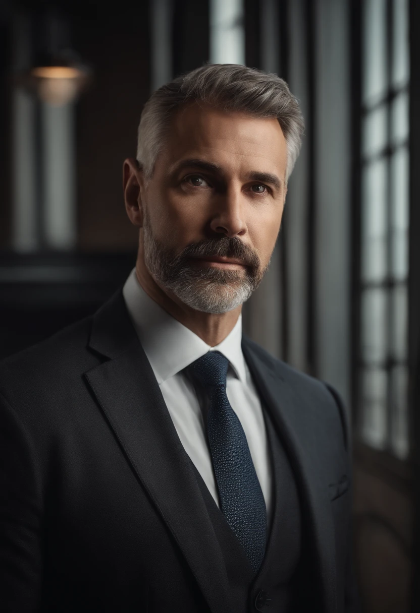 Realistic portrait of a middle-aged business person, Weighs 100 lbs, Professionally dressed with a suit and tie, hightquality, Top resolution, looking straight to the camera, Standing position, Professional, Beautiful eyes with a slight brown tint, Beautiful detailed lips, short beard, Gray-haired shorthair, kind expression, Warm smile, Outstanding appearance, Proper lighting, Plain background, Canvas Medium, ultra detailed texture,masutepiece:1.2
