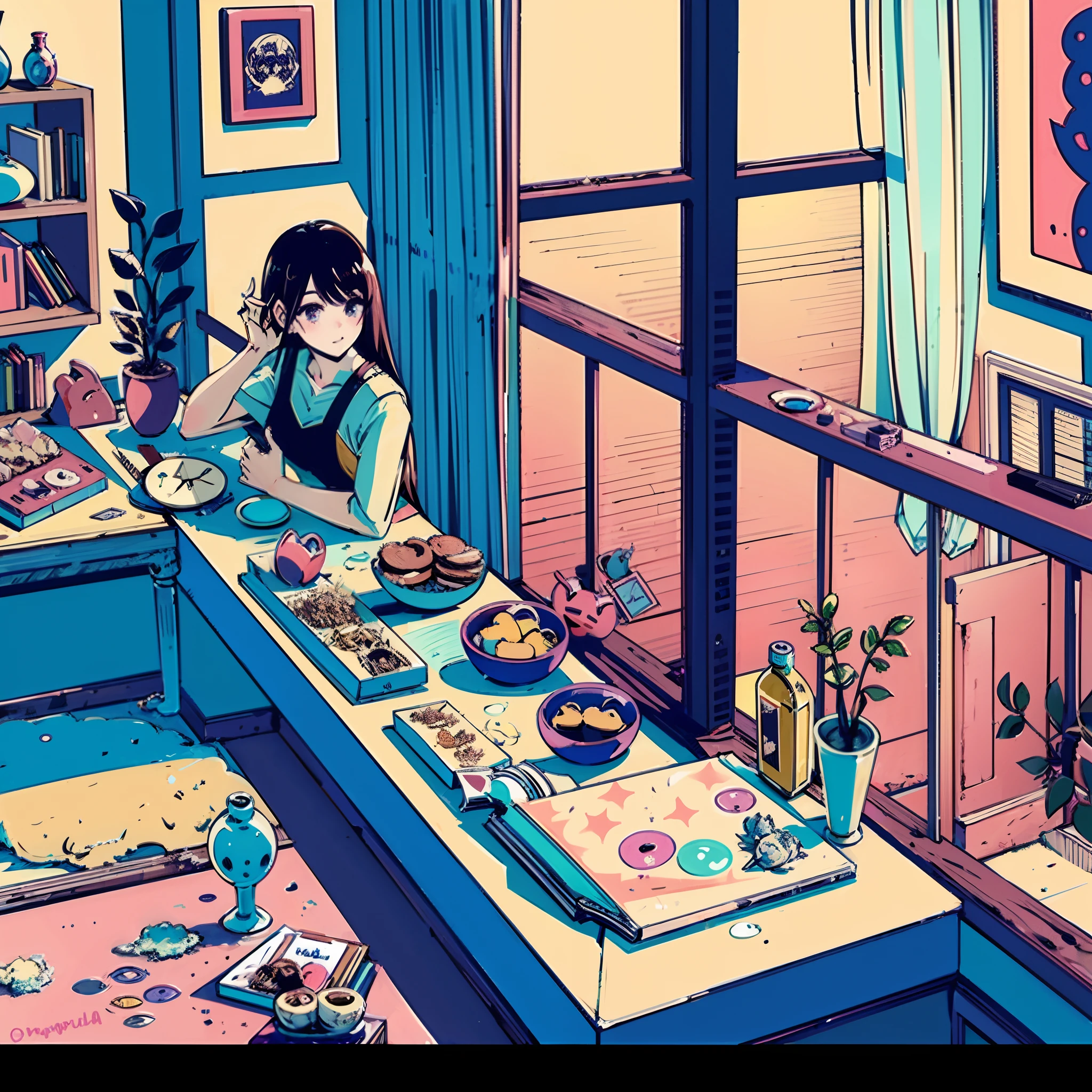 (masterpiece:1.5, best quality:1.5), ((VaporWave style, partially coloring)), close-up, from above, cinematic angle, (((vanilla))),
1girl, solo, cute smile, (hold a vanilla ice cream), gemstone decoration, long_hair, in ice cream shop, dolls were in a mess, decadent life,
pole outside the window, sunset outside the window, street outside the window, the sunset outside the window,