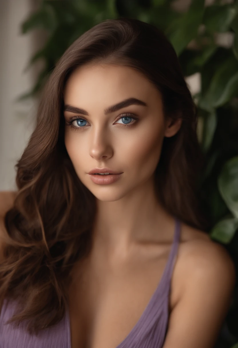 Best photoshoot style ,arafed woman with matching tank top and panties, sexy girl with blue eyes, portrait sophie mudd, brown hair and large eyes, photoshoot of a young woman, photoshoot eyes, violet myers, without makeup, natural makeup, looking directly at the camera, face with artgram, subtle makeup, stunning full body shot, cleavage,Vogue style magazine cover,indoor  shoot , photoshoot, photography, Photoshoot style background,add background from magazine covers