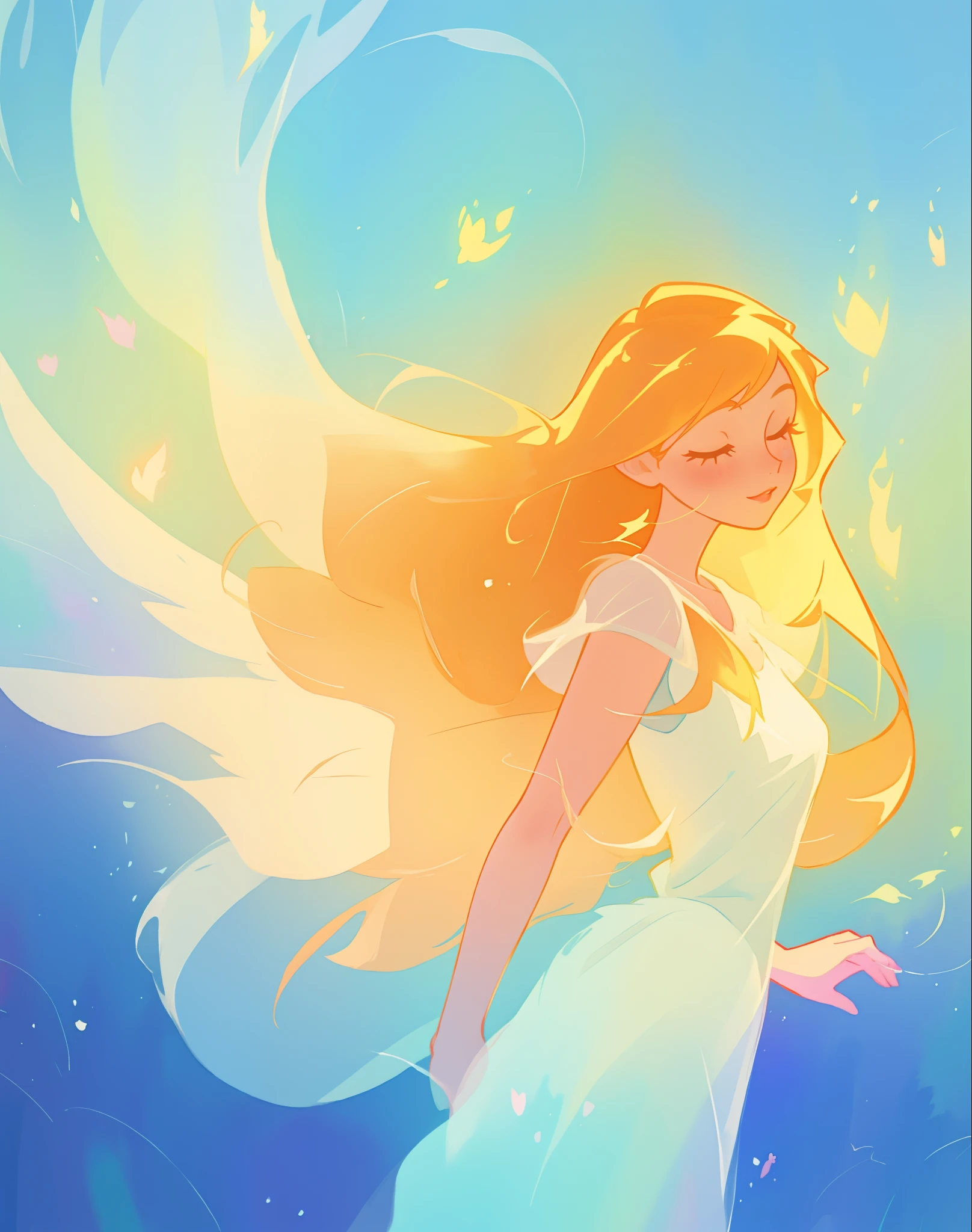 beautiful girl in white dress, fairy dress, long golden hair, watercolor illustration, inspired by Glen Keane, inspired by Lois van Baarle, disney art style, by Lois van Baarle, glowing aura around her, by Glen Keane, jen bartel, glowing lights! digital painting, flowing glowing hair, glowing flowing hair, beautiful digital illustration, fantasia otherworldly landscape plants flowers, beautiful, masterpiece, best quality, anime disney style