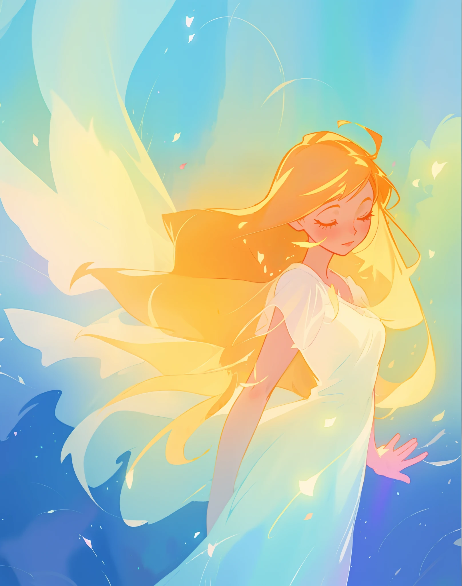 beautiful girl in white dress, fairy dress, long golden hair, watercolor illustration, inspired by Glen Keane, inspired by Lois van Baarle, disney art style, by Lois van Baarle, glowing aura around her, by Glen Keane, jen bartel, glowing lights! digital painting, flowing glowing hair, glowing flowing hair, beautiful digital illustration, fantasia otherworldly landscape plants flowers, beautiful, masterpiece, best quality, anime disney style