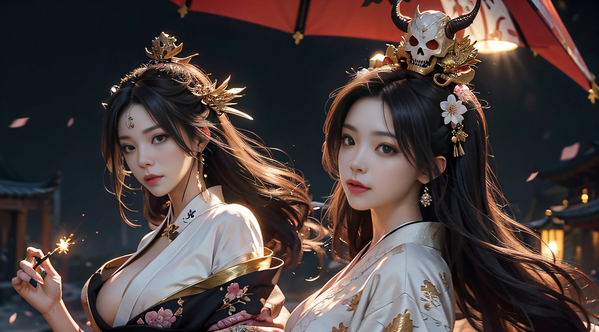 ((World of Darkness)),professional , master-piece、top-quality、photo-realistic , deep depth of field 、(sexy)、(Background of cherry blossoms in full bloom),(Super Beauty)、dark hair、(White bikini armor)、(Kimono with beautiful patterns)、(Night Background)、((Wearing a skeleton helmet)),(Wear a beautiful kimono),(Wear a beautiful kimono with colorful floral patterns)、Gold Weapons, Gems、Particles of light),(There's a demon mask.)、Spectacular Gold Weapons ,Skeleton population、(( Gorgeous Dragon Sword)) , (dark night),,(Maikurobikini) 、((Beautiful girl with black hair))、(castle background)、(Devil's Wings)、((Gangle's wild background))、Beautiful white beauty、1person、Dynamic Ungle,(((He's got two demons on his head.)))、The head is smaller.、Idle smile、Thin and beautiful woman's hand、mysterious expression、light effects、Fierce combat、Wind effect、Magic circles、With a legendary wand.、Dragon Tail、perfect breasts,sexy