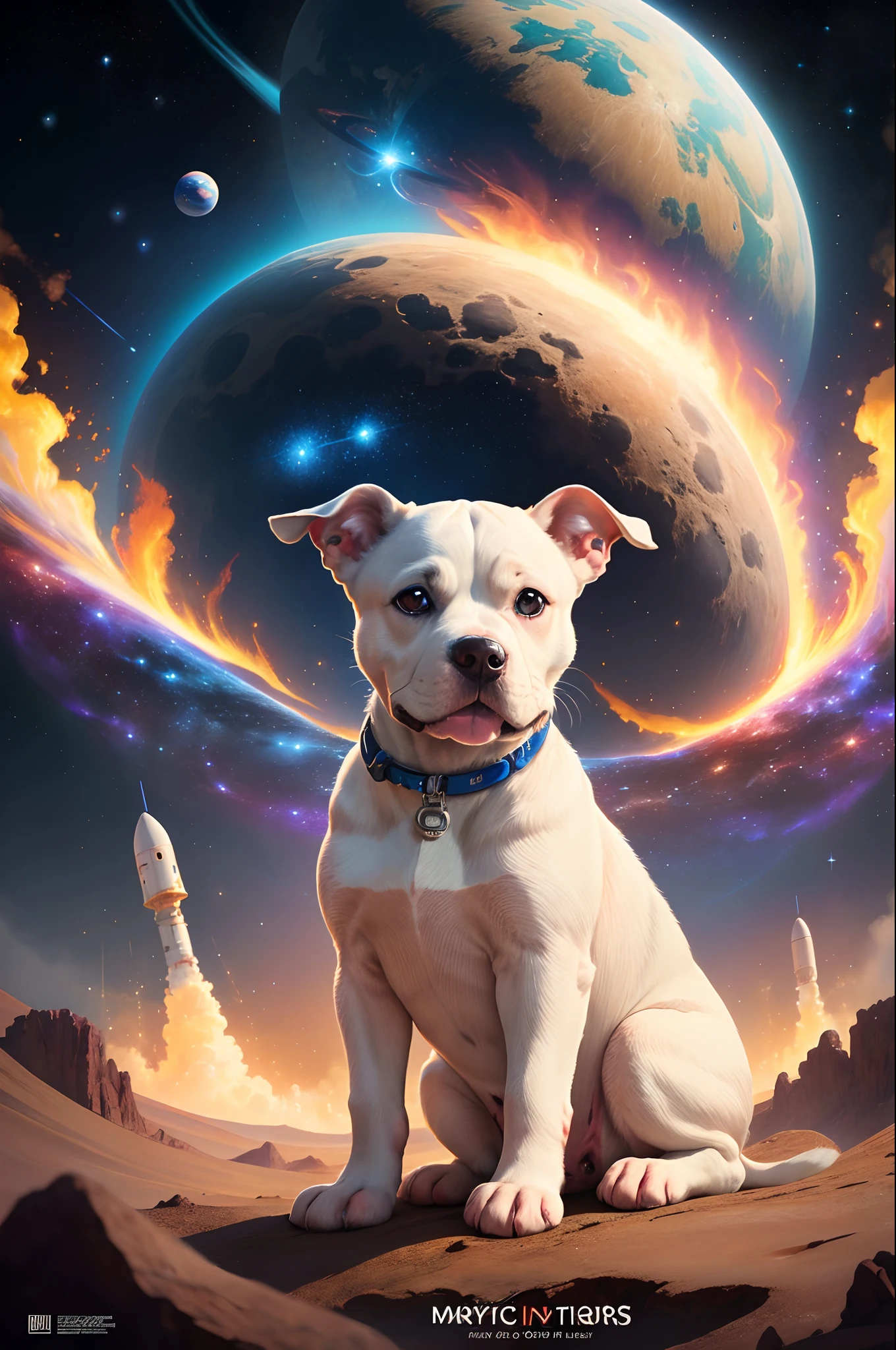 Disney Pixar Movie poster. White American Staffordshire terrier puppy with grey right ear and blue eyes named Ecko. mystical space background with planets stars and a nasa rocket with text Houston we got a problem