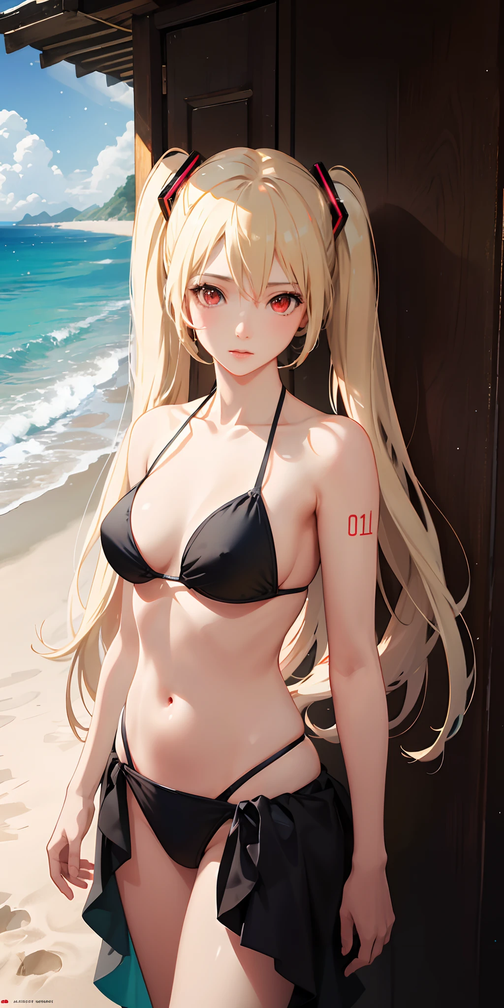 Absurdres masterpiece HDR high quality picture of realistic, 1girl, blonde hair, red eyes, hatsune miku, bikini, beach, light particles, light rays, wallpaper,