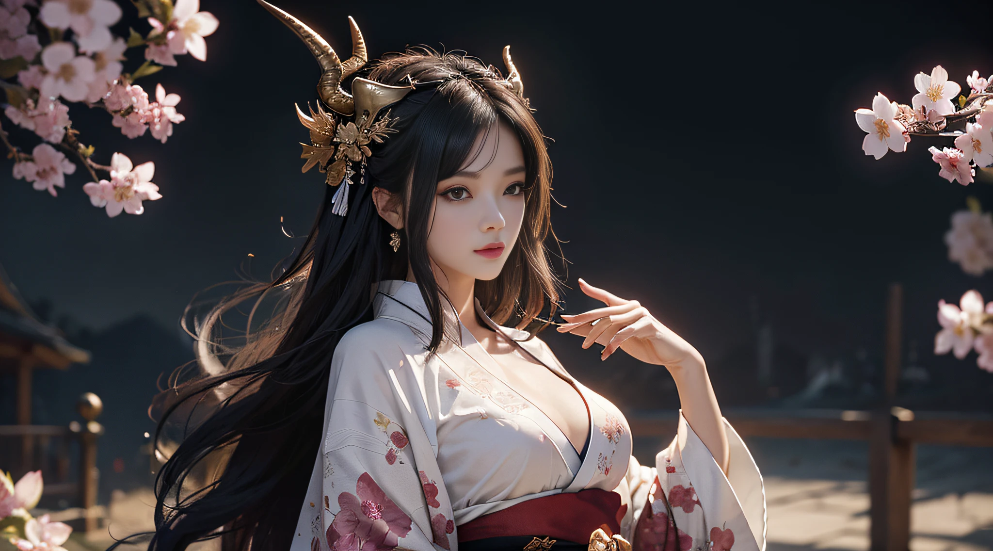 ((World of Darkness)),professional , master-piece、top-quality、photo-realistic , deep depth of field 、(sexy)、(Background of cherry blossoms in full bloom),(Super Beauty)、dark hair、(White bikini armor)、(Kimono with beautiful patterns)、(Night Background)、((Wearing a skeleton helmet)),(Wear a beautiful kimono),(Wear a beautiful kimono with colorful floral patterns)、Gold Weapons, Gems、Particles of light),(There's a demon mask.)、Spectacular Gold Weapons ,Skeleton population、(( Gorgeous Dragon Sword)) , (dark night),,(Maikurobikini) 、((Beautiful girl with black hair))、(castle background)、(Devil's Wings)、((Gangle's wild background))、Beautiful white beauty、1person、Dynamic Ungle,(((He's got two demons on his head.)))、The head is smaller.、Idle smile、Thin and beautiful woman's hand、mysterious expression、light effects、Fierce combat、Wind effect、Magic circles、With a legendary wand.、Dragon Tail、perfect breasts,sexy
