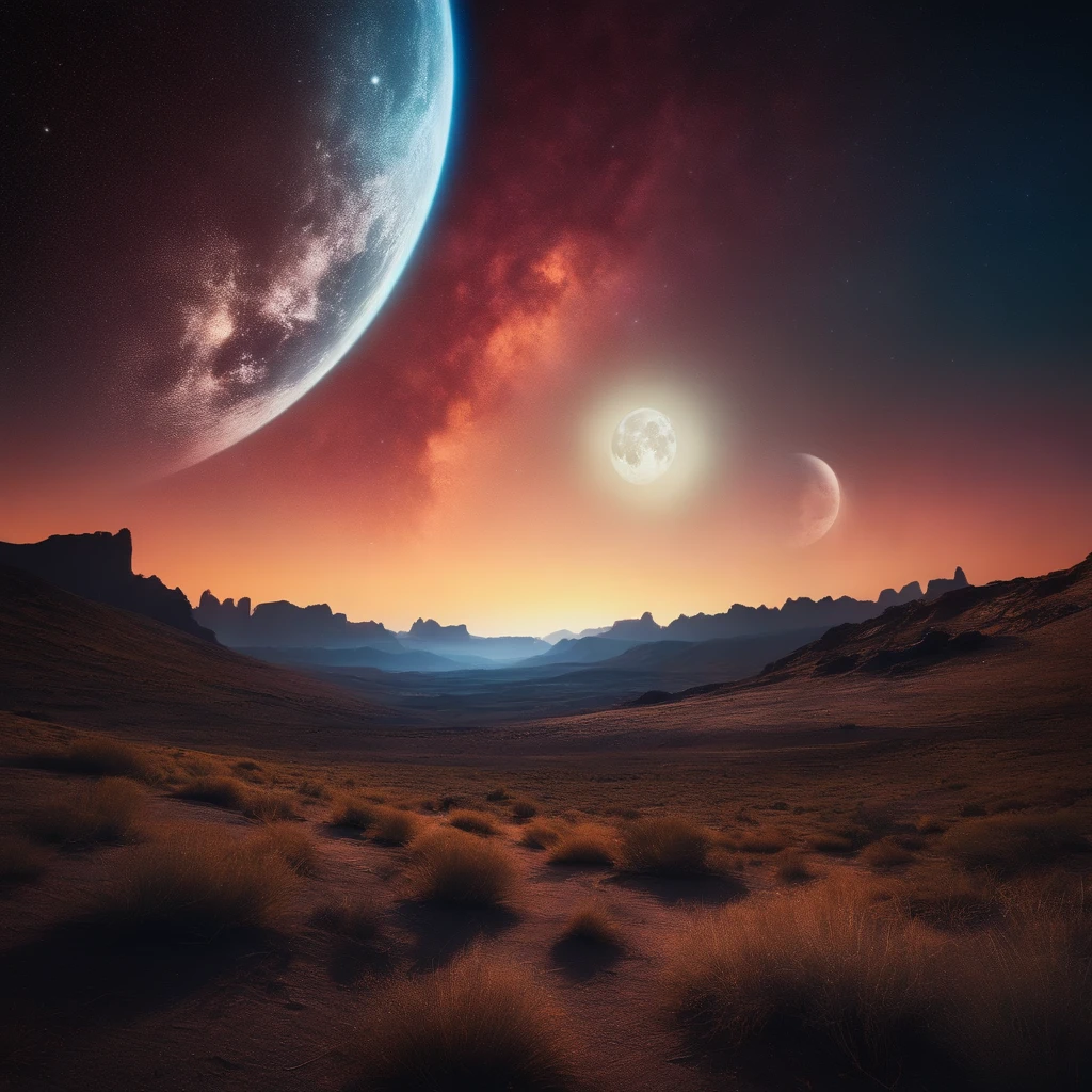 Wild landscape on an uninhabited planet with star sky and moon