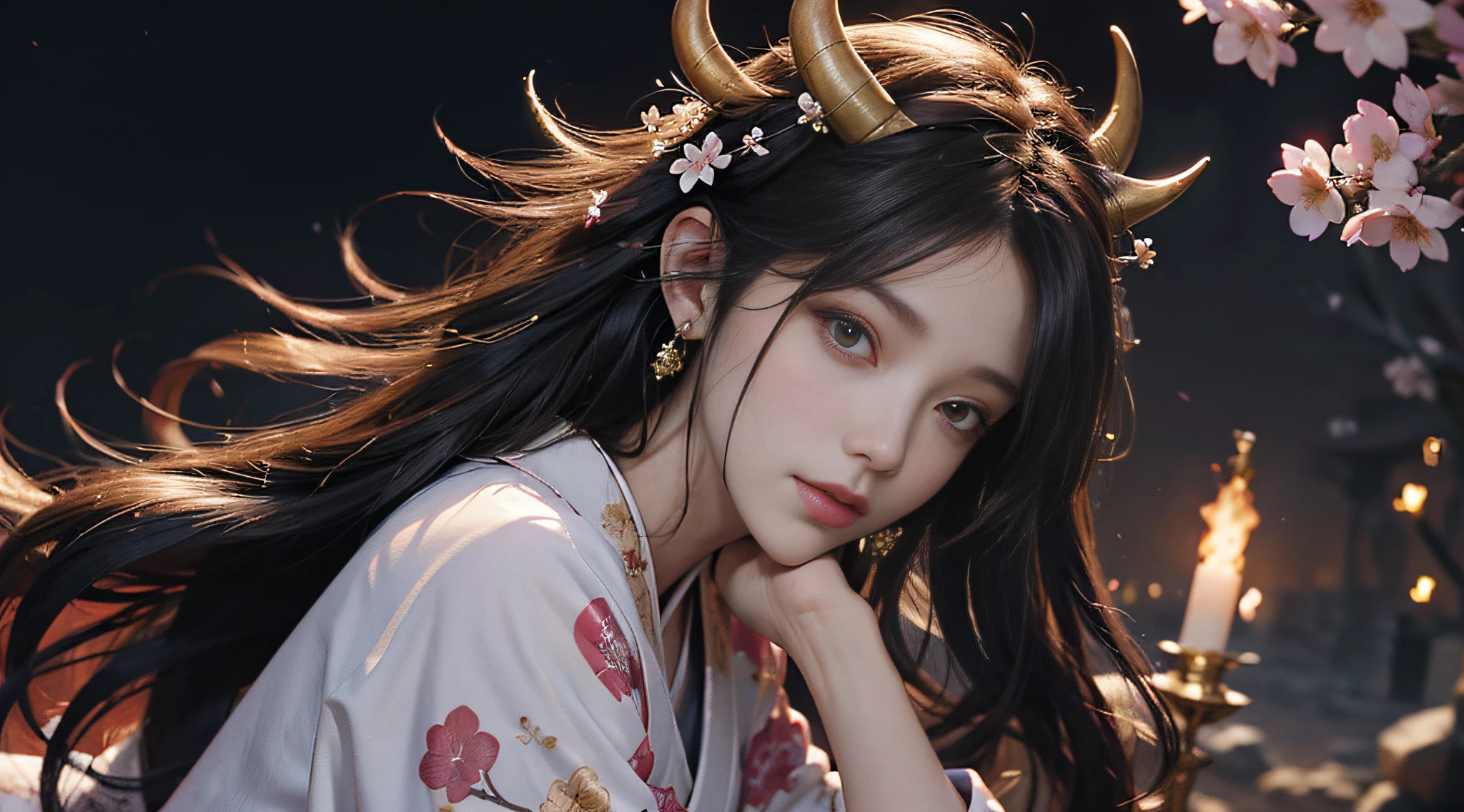 ((World of Darkness)),professional , master-piece、top-quality、photo-realistic , deep depth of field 、(sexy)、(Background of cherry blossoms in full bloom),(Super Beauty)、dark hair、(White bikini armor)、(Kimono with beautiful patterns)、(Night Background)、((Wearing a skeleton helmet)),(Wear a beautiful kimono),(Wear a beautiful kimono with colorful floral patterns)、Gold Weapons, Gems、Particles of light),(There's a demon mask.)、Spectacular Gold Weapons ,Skeleton population、(( Gorgeous Dragon Sword)) , (dark night),,(Maikurobikini) 、((Beautiful girl with black hair))、(castle background)、(Devil's Wings)、((Gangle's wild background))、Beautiful white beauty、1person、Dynamic Ungle,(((He's got two demons on his head.)))、The head is smaller.、Idle smile、Thin and beautiful woman's hand、mysterious expression、light effects、Fierce combat、Wind effect、Magic circles、With a legendary wand.、Dragon Tail、perfect breasts,sexy