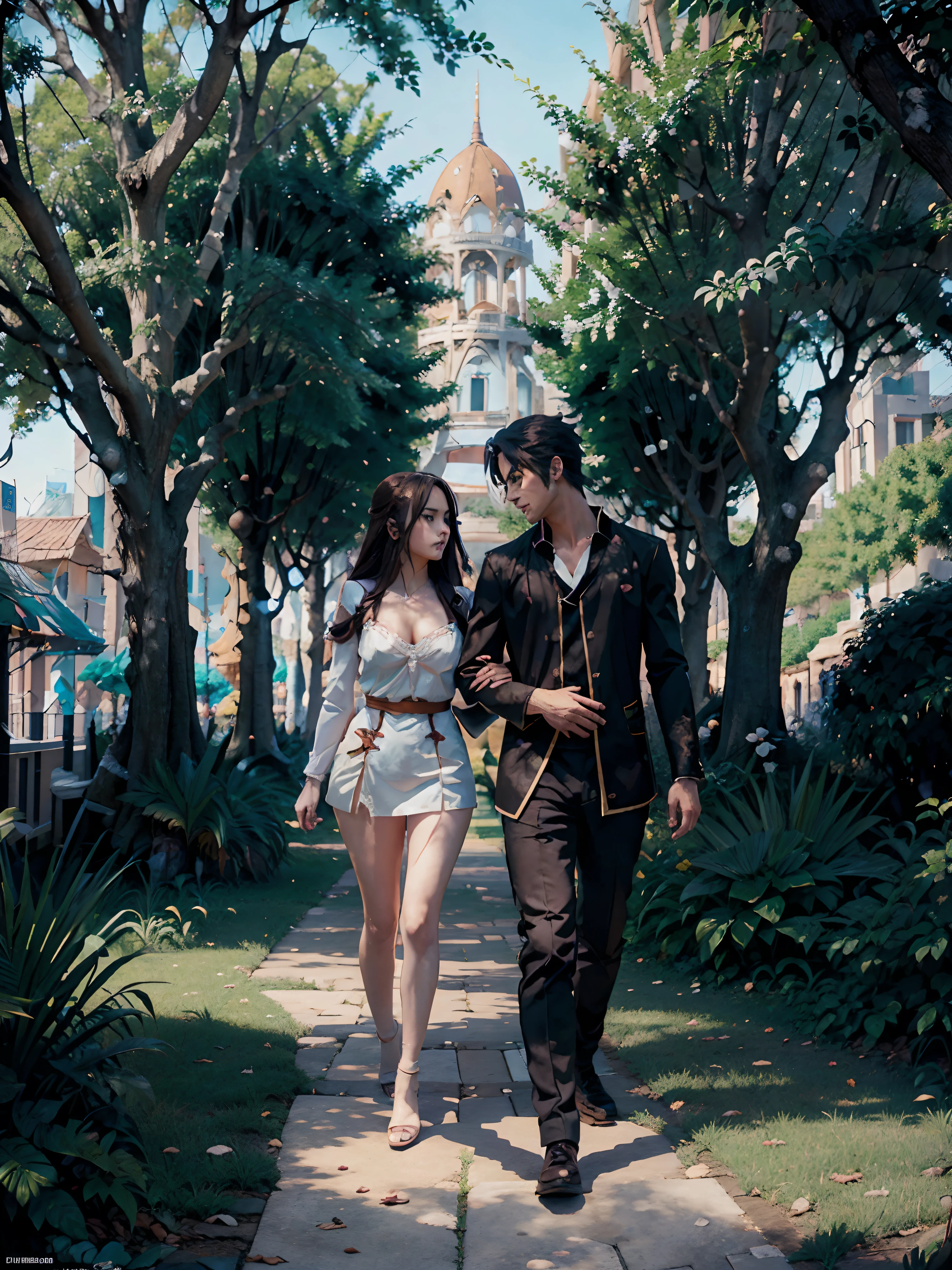 Anime style of An anime handsome man walks while embracing an anime beautiful woman in a park on a beautiful afternoon, perfect anatomy, intricated detailes, high quality, ultra HD resolution