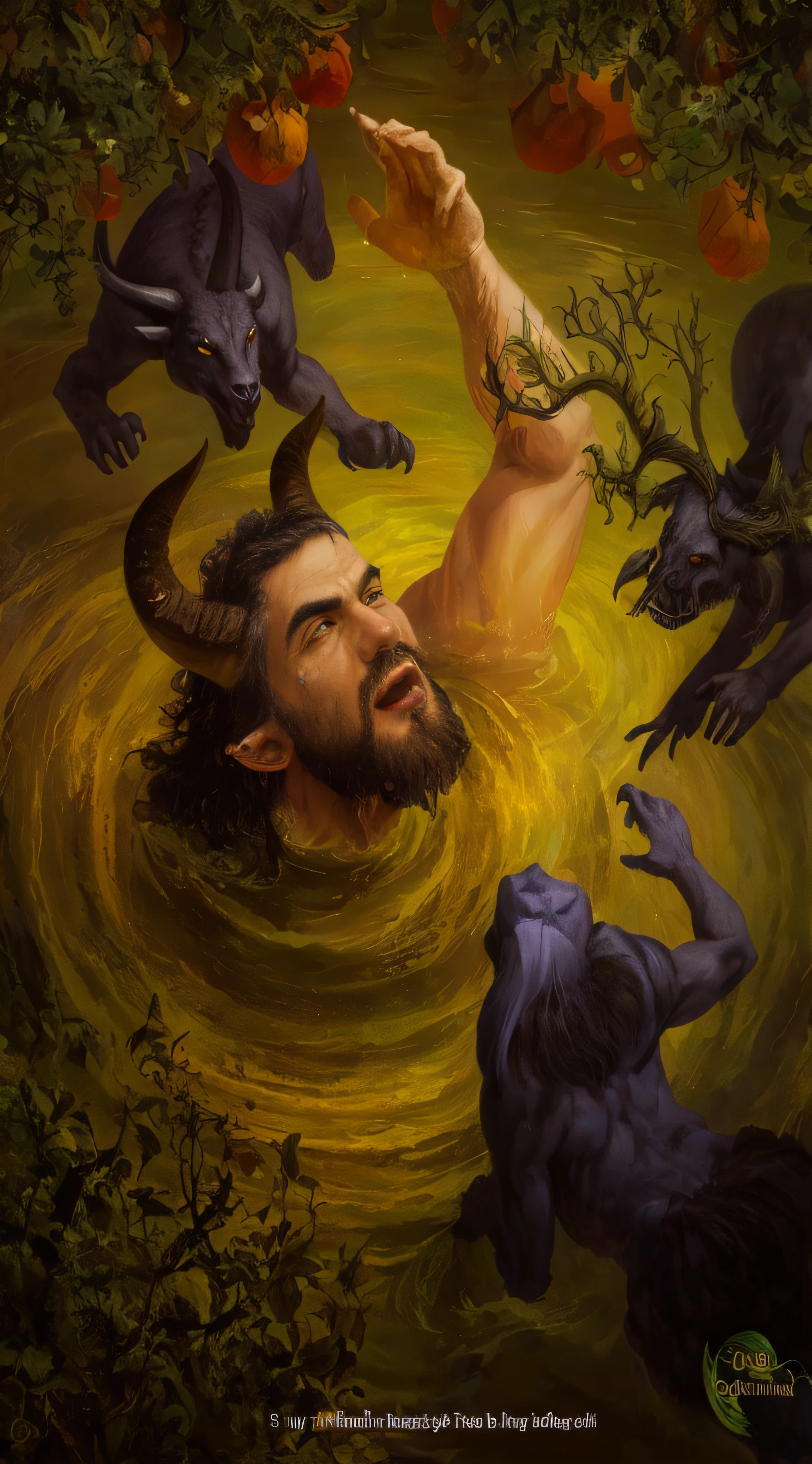 painting of a man in a body of water surrounded by other people, greek myth digital painting, rob rey, oil canvas of lucifer, fantasy artrealistic painting, by John La Gatta, satyr, adam, horned god, cernunnos, river god, epic biblical depiction, charon the ferryman of hades, todd schorr