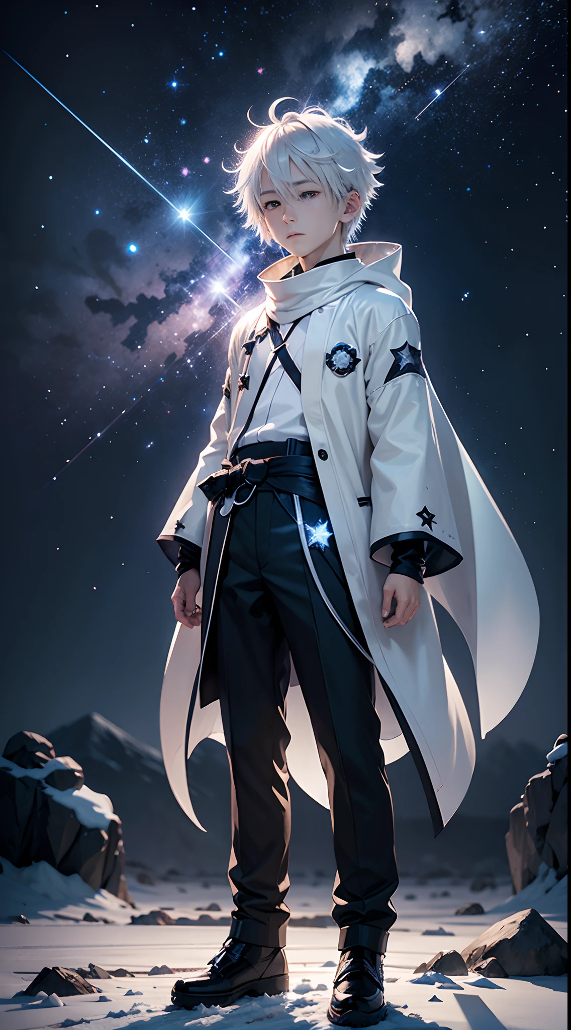 Japanese anime, boy, alone, silver white hair, white glass shards, crystallization, night sky, winter night, starry sky, shooting star crossing, solo, silence, rendering, best quality, masterpiece, full body, particle light effects, rendering