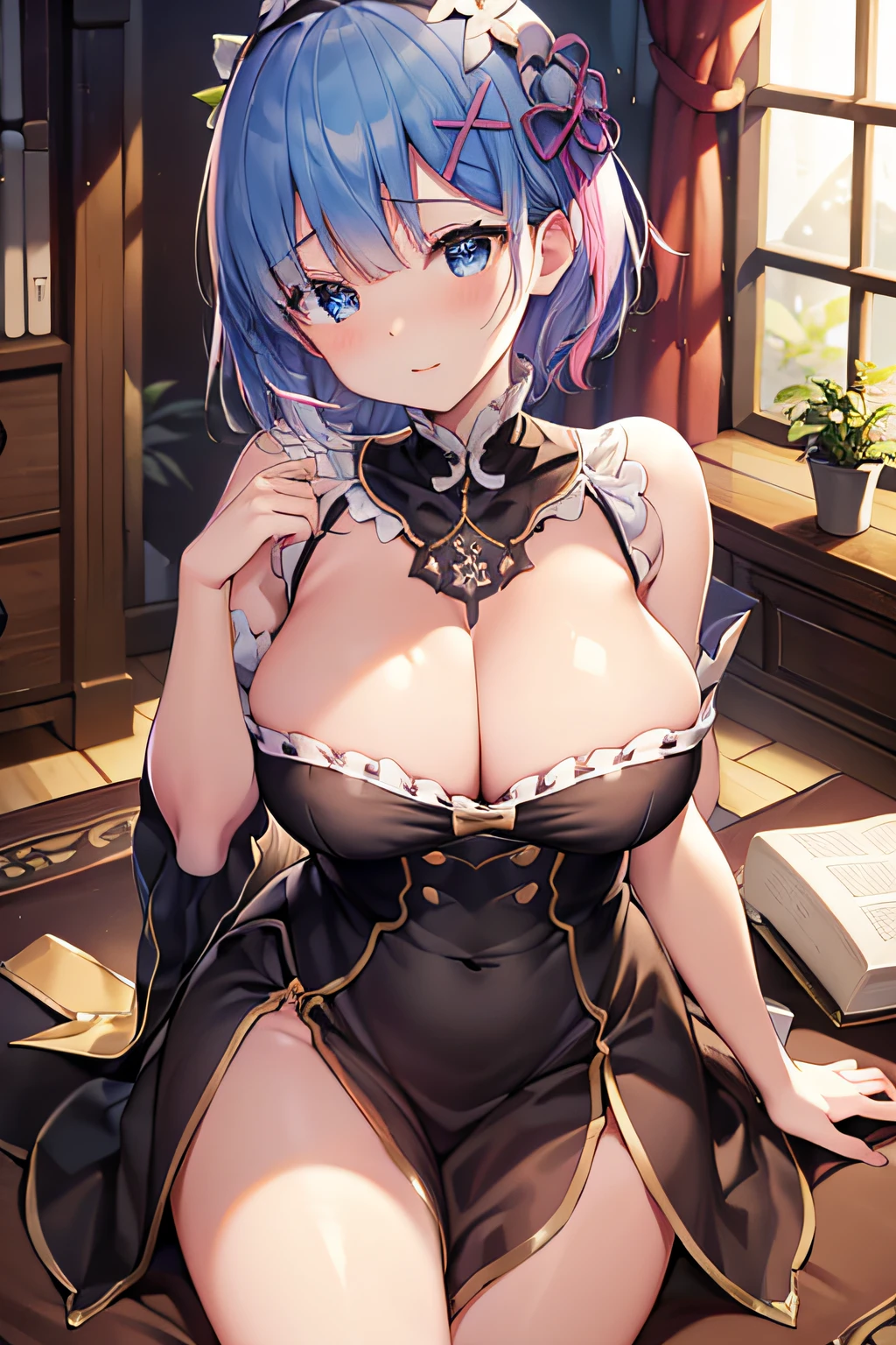 Remu、fullnude,(High quality,4K,8K,hight resolution,masutepiece:1.2),Ultra-detailed,Physically-based rendering,Professional,Vivid colors,Portraits,Library,bookshelf,livingroom,Open legs,Beautiful woman,plump tits,Gentle,Porcelain Skin,Big breasts,tall,skinny,Raised eyebrows,Heavy breathing,glistning skin,erect ,