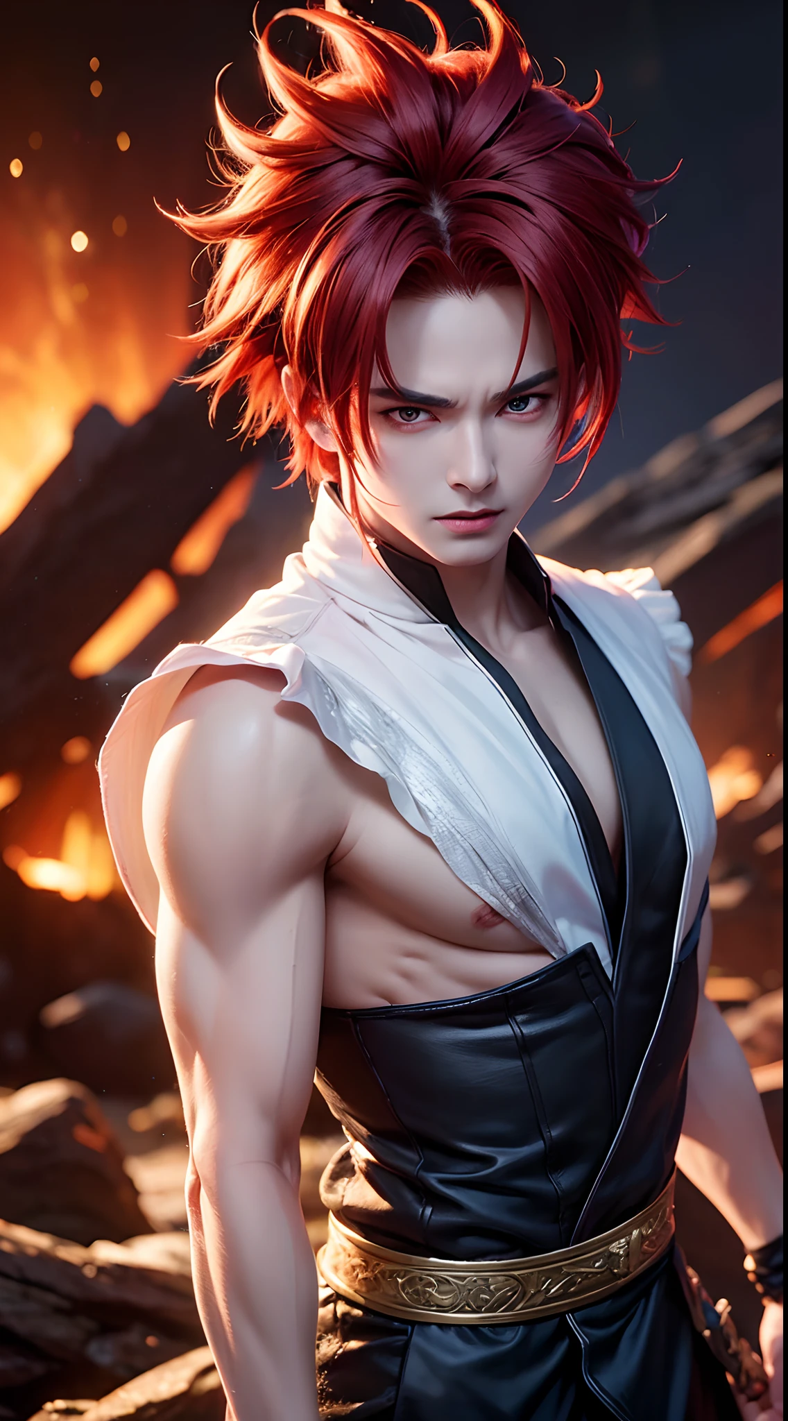 An 8k masterpiece, highest resolution, every detail, meticulous detail, depth of field, bright colors, beautiful composition: stunning take on an anime character Gohan with brilliant red hair and beautifully detailed glowing eyes, standing against a dark and ominous background. This handsome demon slayer is the epitome of bad guys in the world of fantasy art.