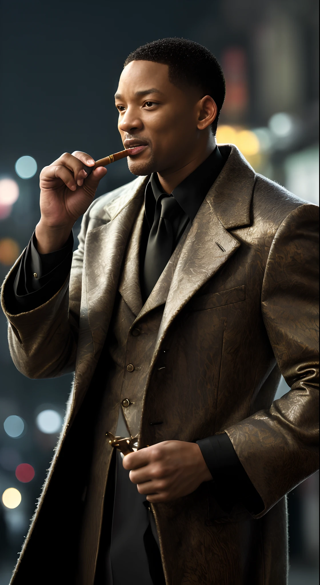 ((Movie premiere poster)), tmasterpiece，（best qualtiy），highly  detailed，ultra - detailed，(Dynamic pose:1.2),(Dynamic camera)，2 people，Will Smith（Will Smith），8K, High definition, Detailed face, Detailed eyes,Return to Earth，in style of marvel and dc, Hyper-realistic, + cinema shot + Dynamic composition, Incredibly detailed, Sharpen, Details + Superb details + evening with light + perfectionism + award winning realism，(Dynamic pose:1.2),(Dynamic camera),Close-up Will Smith（Will Smith） ,Perfect eyes , (Wearing a shabby mech coat),(Bokeh:1.2), Intricate, (Steel metal [Rust]), elegant, Sharp focus, Soft lighting, Vibrant colors, ((Streets)), Detailed face, RAW photo, full sharp, Wallpapper 8K UHD, Digital SLR, Soft lighting, High quality, filmgrain, Fujifilm XT3，（s fractal art：1.3），The is very detailed，cow boy shot，The most beautiful form of chaos，elegant，Fauvist design，vivd colour，romanticism lain，James Jean，Robbie Devi Antono，ross tran，Francis Bacon，Michal Mraz，adrian ghenie，petra cortright，Gerhard Richter，Takato Yamamoto，Ashley Wood，Atmospheric，A note of ecstasy，streaming musical notes visible，Cigar in his right hand（Correct finger 1.4），smooggy，