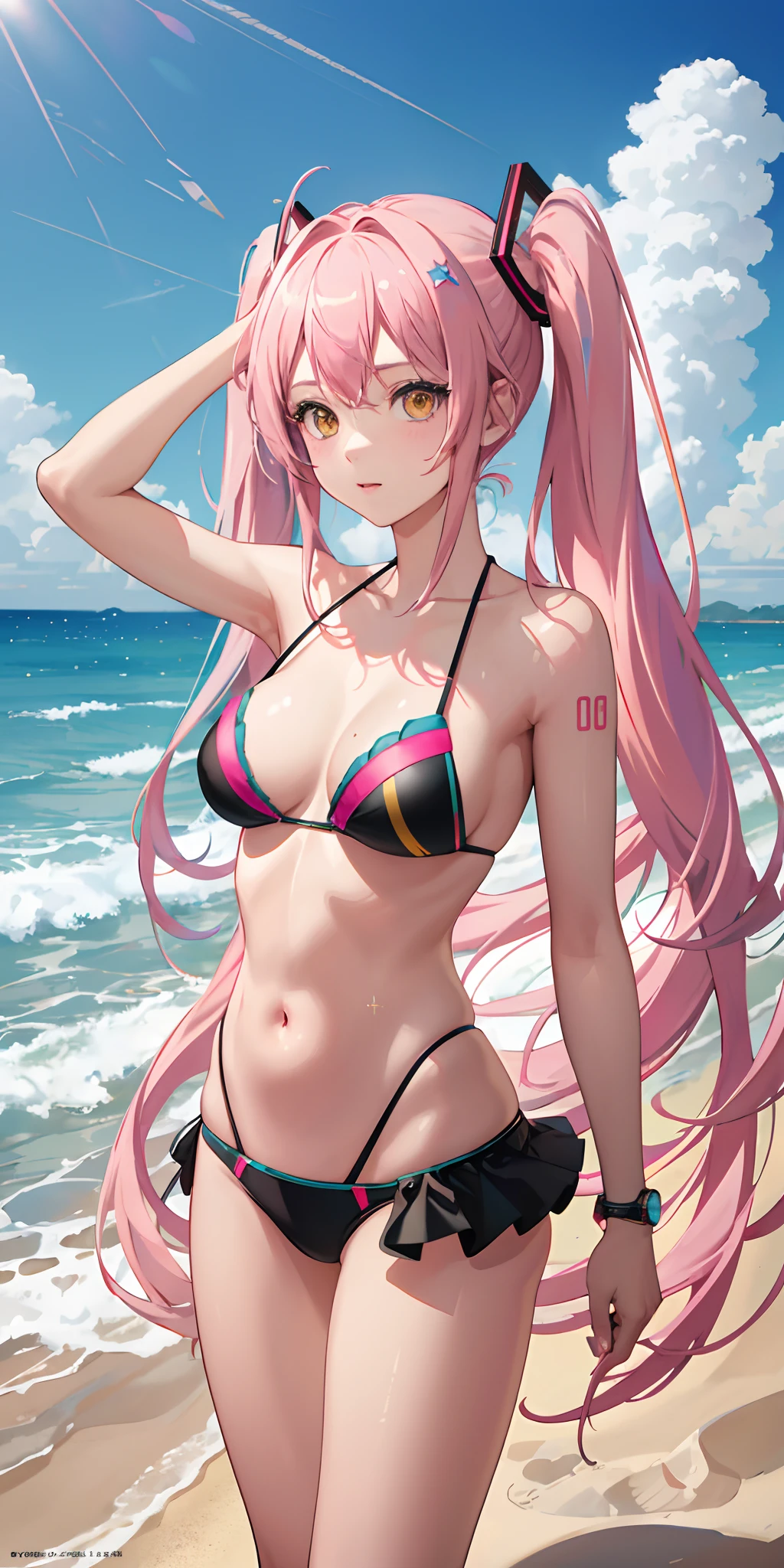 Absurdres masterpiece HDR high quality picture of realistic, 1girl, pink hair, yellow eyes, hatsune miku, bikini, beach, light particles, light rays, wallpaper,