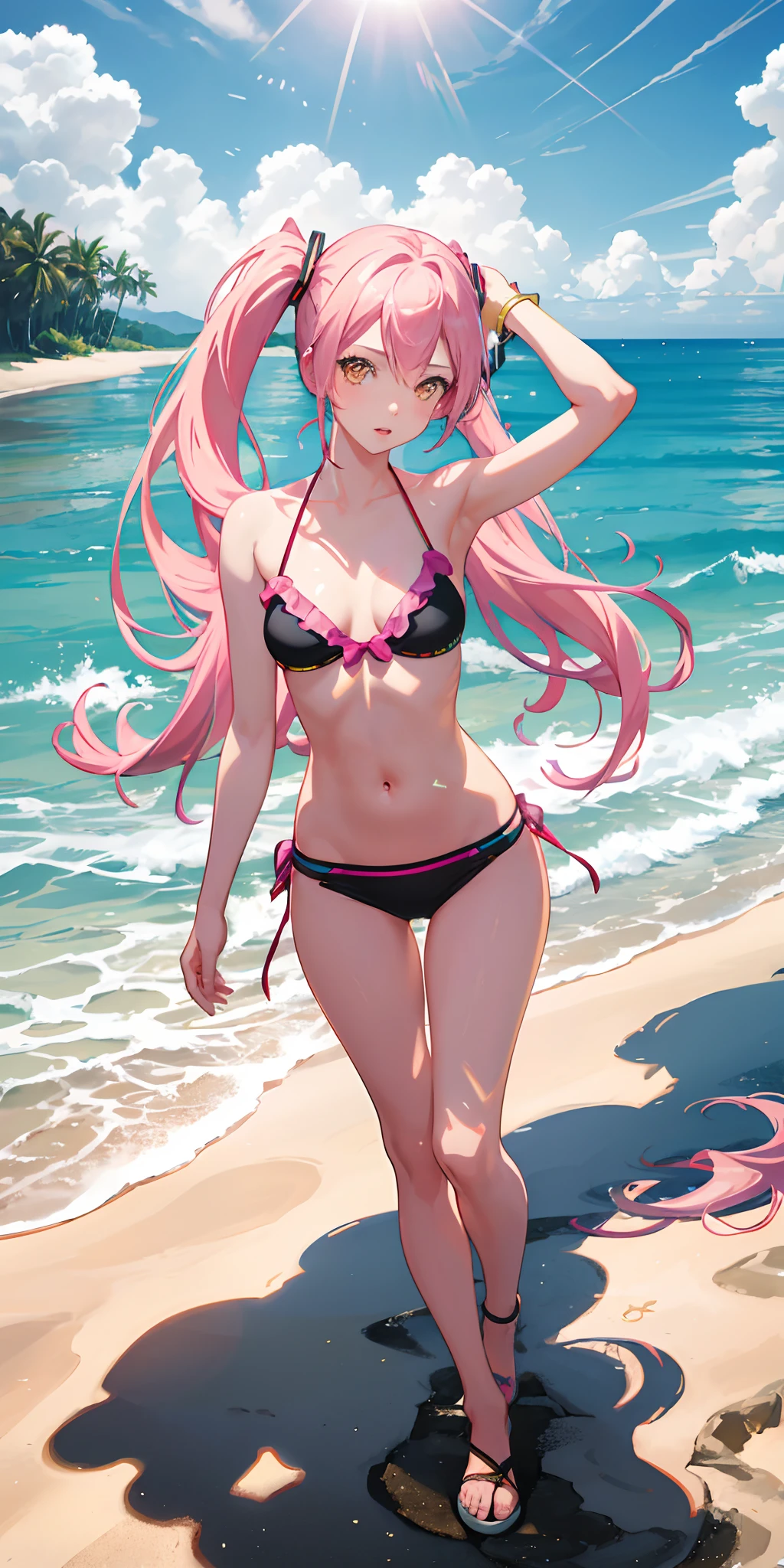 Absurdres masterpiece HDR high quality picture of realistic, 1girl, pink hair, yellow eyes, hatsune miku, bikini, beach, light particles, light rays, wallpaper,