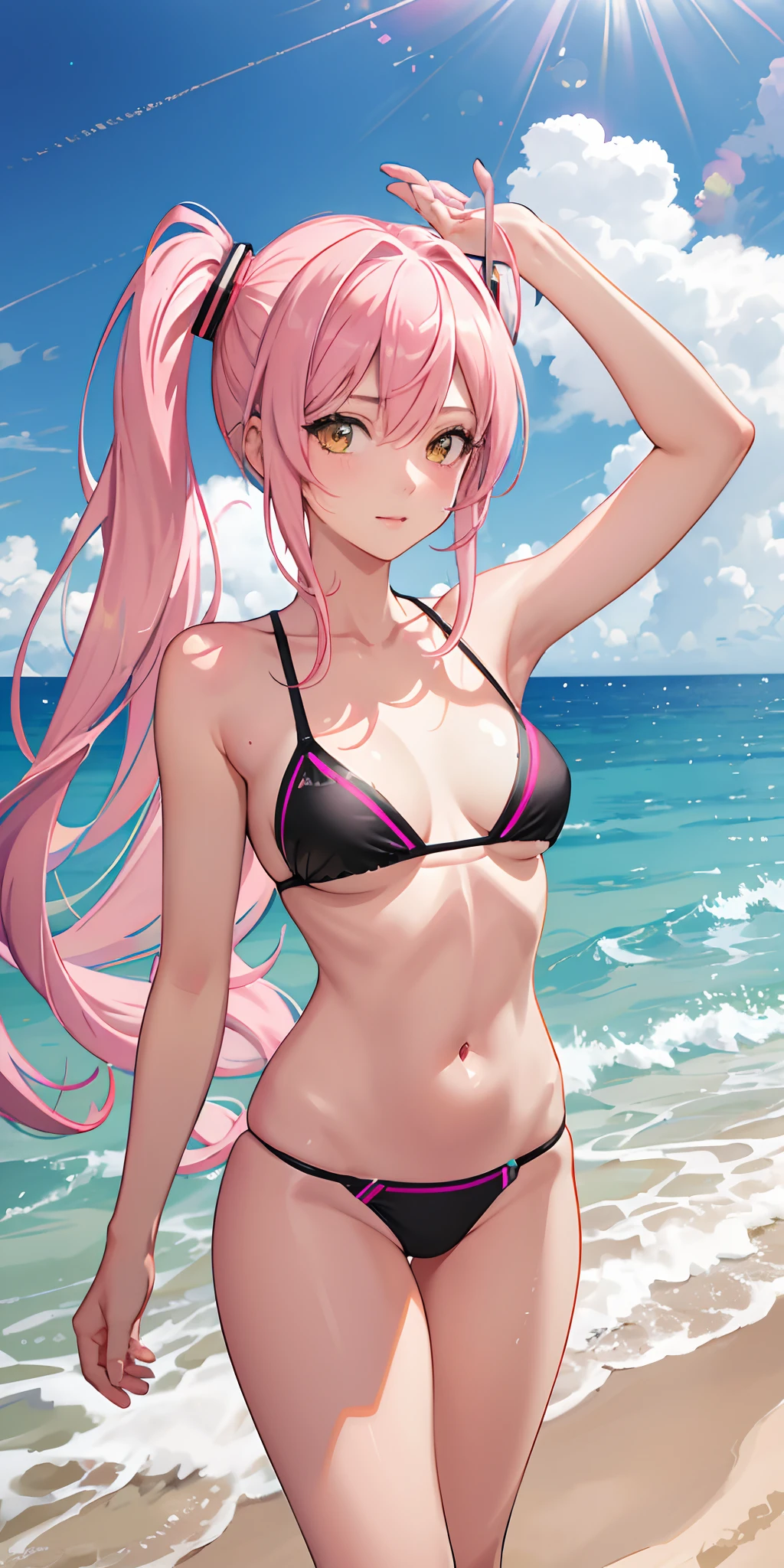 Absurdres masterpiece HDR high quality picture of realistic, 1girl, pink hair, yellow eyes, hatsune miku, bikini, beach, light particles, light rays, wallpaper,