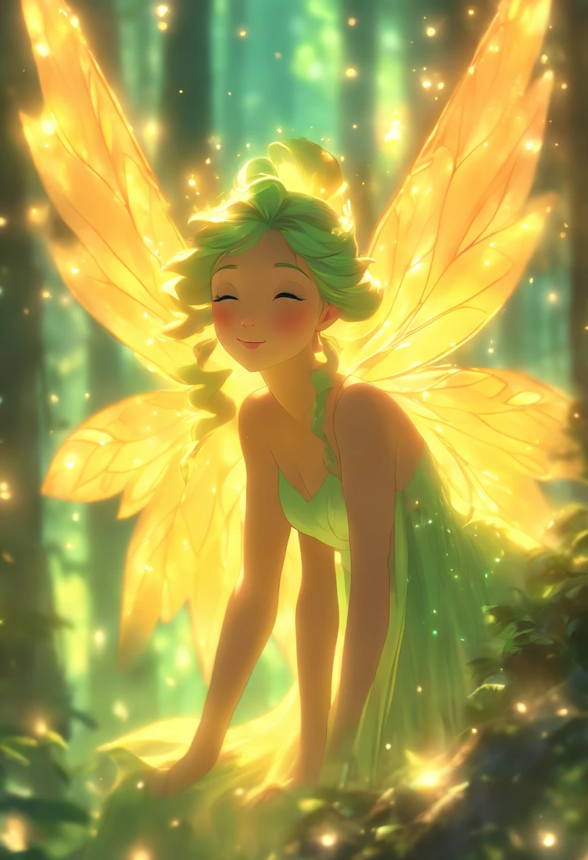 (best quality,4k,8k,highres,masterpiece:1.2),ultra-detailed,(realistic,photorealistic,photo-realistic:1.37),forest nymph elemental with glowing wings, made of leaves and nature,ethereal glow,pure,sublime,greenery,dreamy environment,magical enchantment,delicate and intricate leaf patterns,harmonious blending with surroundings,reflections of sunlight on wings,glimmering and radiant glow in the dark,serene and graceful posture,summoning the powers of nature,tiny sparkling dewdrops on wings,soft and gentle color palette,air of mystery and enchantment,subtle hints of magic in the air,whispering winds and rustling leaves,connection with trees and plants,strong connection with the forest,overflowing with natural energy,pristine beauty and innocence,evokes a sense of wonder and awe,graceful and fluid movement,natural and organic aesthetics,celestial and ethereal presence,rays of sunlight filtering through the forest canopy,fairy-like features,wise and ancient aura,enchanted and untamed forest realm,magic in every step and flutter,delicate and ephemeral,illuminating the darkest corners of the forest,close bond with animals and creatures of the forest,peaceful and tranquil atmosphere,deep sense of harmony between nature and the nymph,whispering secrets of the forest,each leaf intricately designed and vibrant with life,overwhelming sense of tranquility and serenity,sprightly and playful spirit.