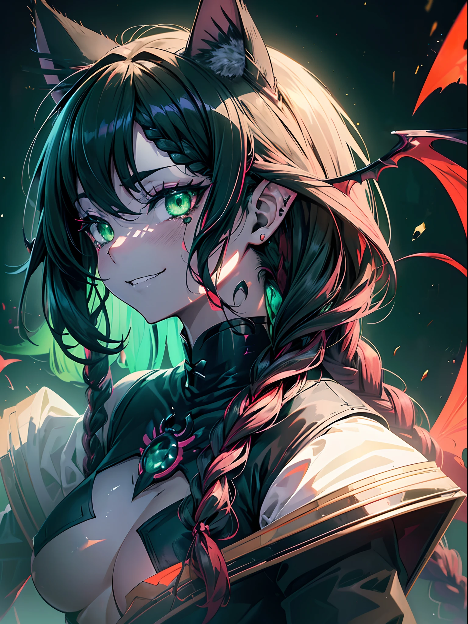 Halloween Cemetery Theme,(Cat's ears,red braided hair:1.5),(Nymphomania and horror theme:1.4),(Detailed green eyes、Teary-eyed:1.4),Haunted house background,hiquality,(Very small breasts、extremely flat chest:1.5)、(Happy and big smile:1.4),Mystical boundaries,The scariest horror game、Bloods、,(Face Zoom:1.5),A detailed eye、highlight in eyes、(Upper body zoom:1.5)、Profile picture seen from the side、(Succubus:1.3)、Movie Quality、Range Flare、666、tits out、Provocative、greed、conceit、lascivious、masturbation、masturbation、fullnude