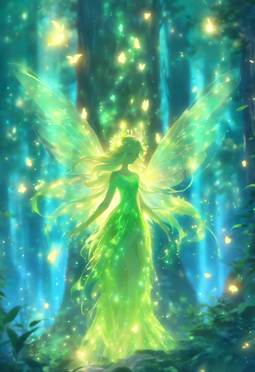 (best quality,4k,8k,highres,masterpiece:1.2),ultra-detailed,(realistic,photorealistic,photo-realistic:1.37),forest nymph elemental with glowing wings, made of leaves and nature,ethereal glow,pure,sublime,greenery,dreamy environment,magical enchantment,delicate and intricate leaf patterns,harmonious blending with surroundings,reflections of sunlight on wings,glimmering and radiant glow in the dark,serene and graceful posture,summoning the powers of nature,tiny sparkling dewdrops on wings,soft and gentle color palette,air of mystery and enchantment,subtle hints of magic in the air,whispering winds and rustling leaves,connection with trees and plants,strong connection with the forest,overflowing with natural energy,pristine beauty and innocence,evokes a sense of wonder and awe,graceful and fluid movement,natural and organic aesthetics,celestial and ethereal presence,rays of sunlight filtering through the forest canopy,fairy-like features,wise and ancient aura,enchanted and untamed forest realm,magic in every step and flutter,delicate and ephemeral,illuminating the darkest corners of the forest,close bond with animals and creatures of the forest,peaceful and tranquil atmosphere,deep sense of harmony between nature and the nymph,whispering secrets of the forest,each leaf intricately designed and vibrant with life,overwhelming sense of tranquility and serenity,sprightly and playful spirit.