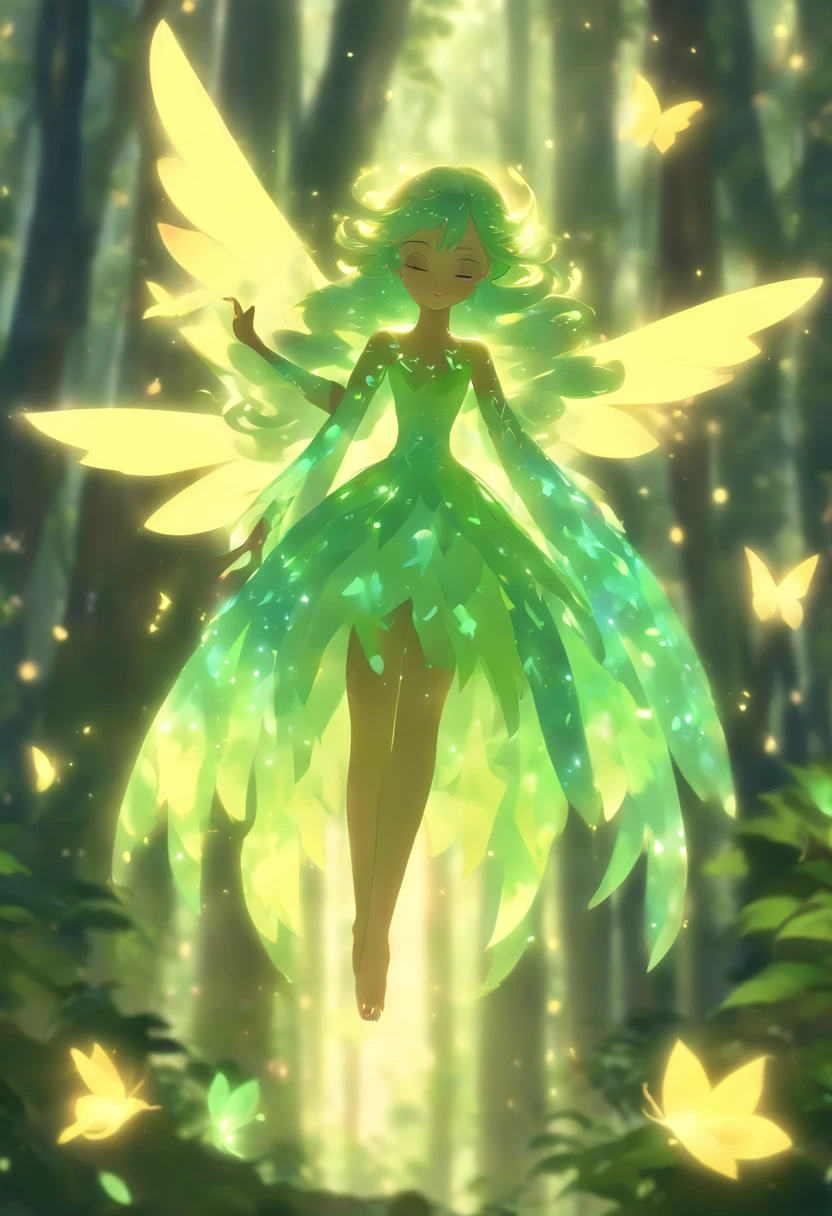 (best quality,4k,8k,highres,masterpiece:1.2),ultra-detailed,(realistic,photorealistic,photo-realistic:1.37),forest nymph elemental with glowing wings, made of leaves and nature,ethereal glow,pure,sublime,greenery,dreamy environment,magical enchantment,delicate and intricate leaf patterns,harmonious blending with surroundings,reflections of sunlight on wings,glimmering and radiant glow in the dark,serene and graceful posture,summoning the powers of nature,tiny sparkling dewdrops on wings,soft and gentle color palette,air of mystery and enchantment,subtle hints of magic in the air,whispering winds and rustling leaves,connection with trees and plants,strong connection with the forest,overflowing with natural energy,pristine beauty and innocence,evokes a sense of wonder and awe,graceful and fluid movement,natural and organic aesthetics,celestial and ethereal presence,rays of sunlight filtering through the forest canopy,fairy-like features,wise and ancient aura,enchanted and untamed forest realm,magic in every step and flutter,delicate and ephemeral,illuminating the darkest corners of the forest,close bond with animals and creatures of the forest,peaceful and tranquil atmosphere,deep sense of harmony between nature and the nymph,whispering secrets of the forest,each leaf intricately designed and vibrant with life,overwhelming sense of tranquility and serenity,sprightly and playful spirit.