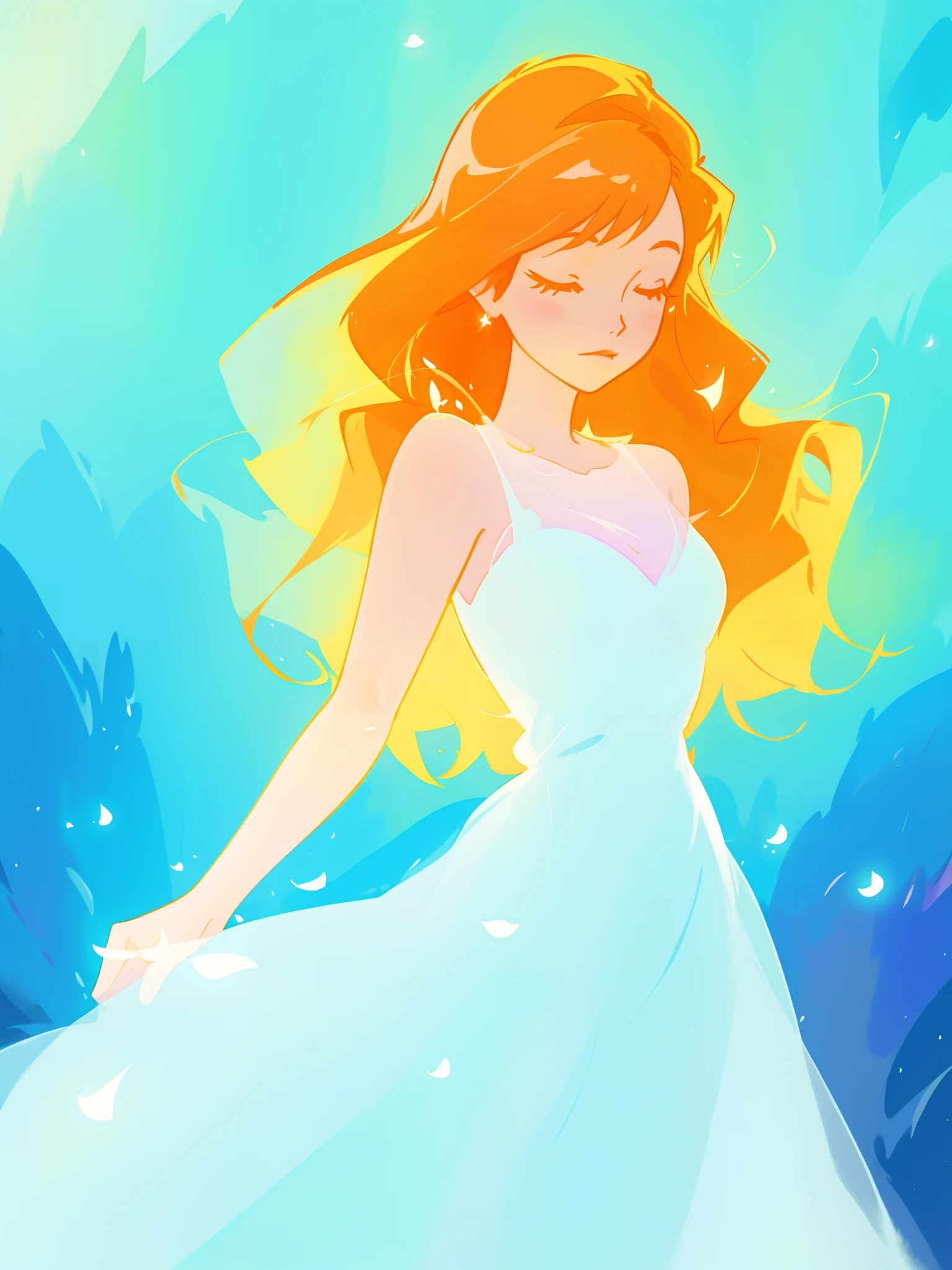 beautiful girl in white dress, fairy dress, long wavy golden red hair, watercolor illustration, inspired by Glen Keane, inspired by Lois van Baarle, disney art style, by Lois van Baarle, glowing aura around her, by Glen Keane, jen bartel, glowing lights! digital painting, flowing glowing hair, glowing flowing hair, beautiful digital illustration, fantasia otherworldly landscape plants flowers, beautiful, masterpiece, best quality, anime disney style
