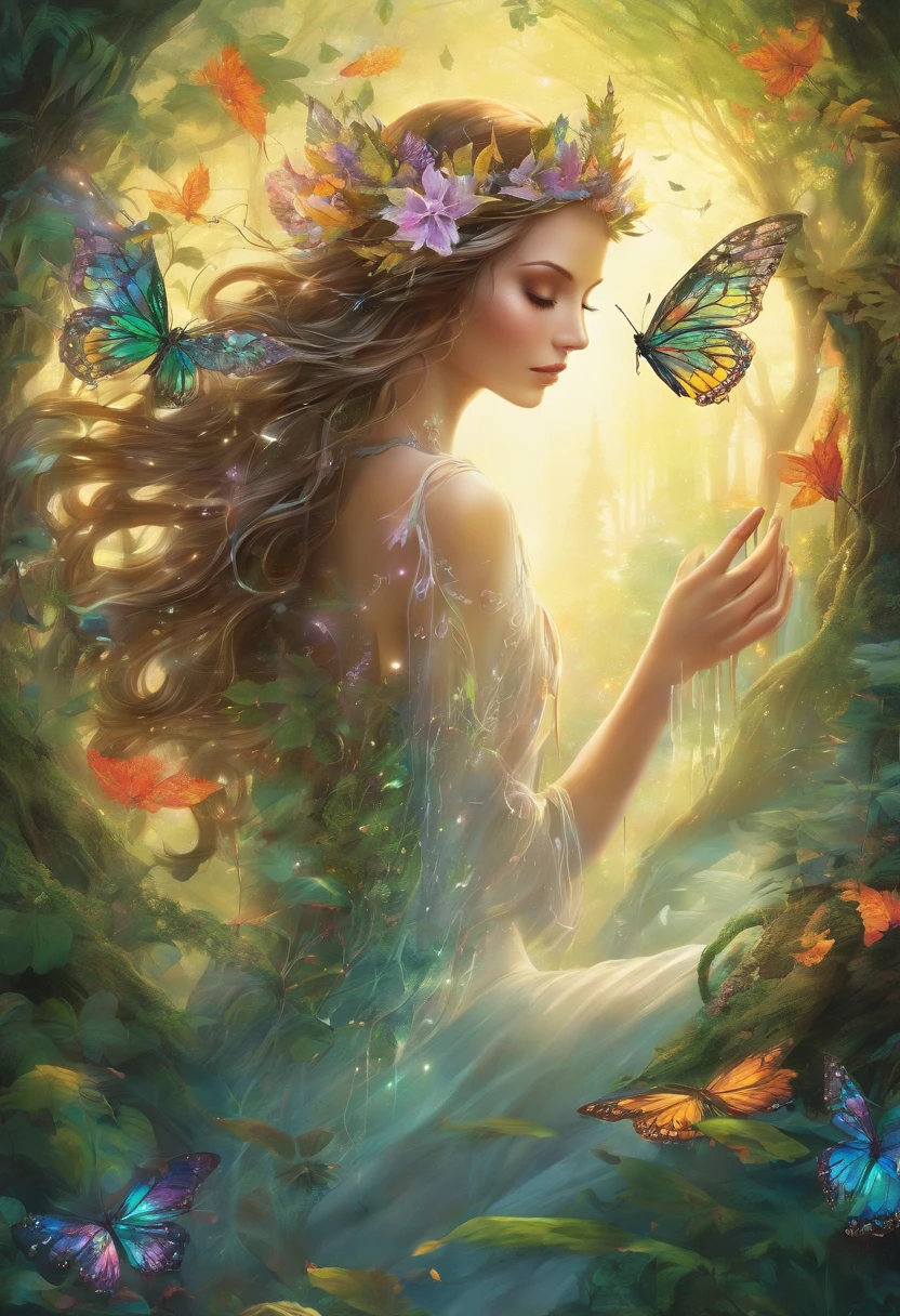 (best quality,4k,8k,highres,masterpiece:1.2),ultra-detailed,(realistic,photorealistic,photo-realistic:1.37),forest nymph elemental with glowing wings, made of leaves and nature,ethereal glow,pure,sublime,greenery,dreamy environment,magical enchantment,delicate and intricate leaf patterns,harmonious blending with surroundings,reflections of sunlight on wings,glimmering and radiant glow in the dark,serene and graceful posture,summoning the powers of nature,tiny sparkling dewdrops on wings,soft and gentle color palette,air of mystery and enchantment,subtle hints of magic in the air,whispering winds and rustling leaves,connection with trees and plants,strong connection with the forest,overflowing with natural energy,pristine beauty and innocence,evokes a sense of wonder and awe,graceful and fluid movement,natural and organic aesthetics,celestial and ethereal presence,rays of sunlight filtering through the forest canopy,fairy-like features,wise and ancient aura,enchanted and untamed forest realm,magic in every step and flutter,delicate and ephemeral,illuminating the darkest corners of the forest,close bond with animals and creatures of the forest,peaceful and tranquil atmosphere,deep sense of harmony between nature and the nymph,whispering secrets of the forest,each leaf intricately designed and vibrant with life,overwhelming sense of tranquility and serenity,sprightly and playful spirit.