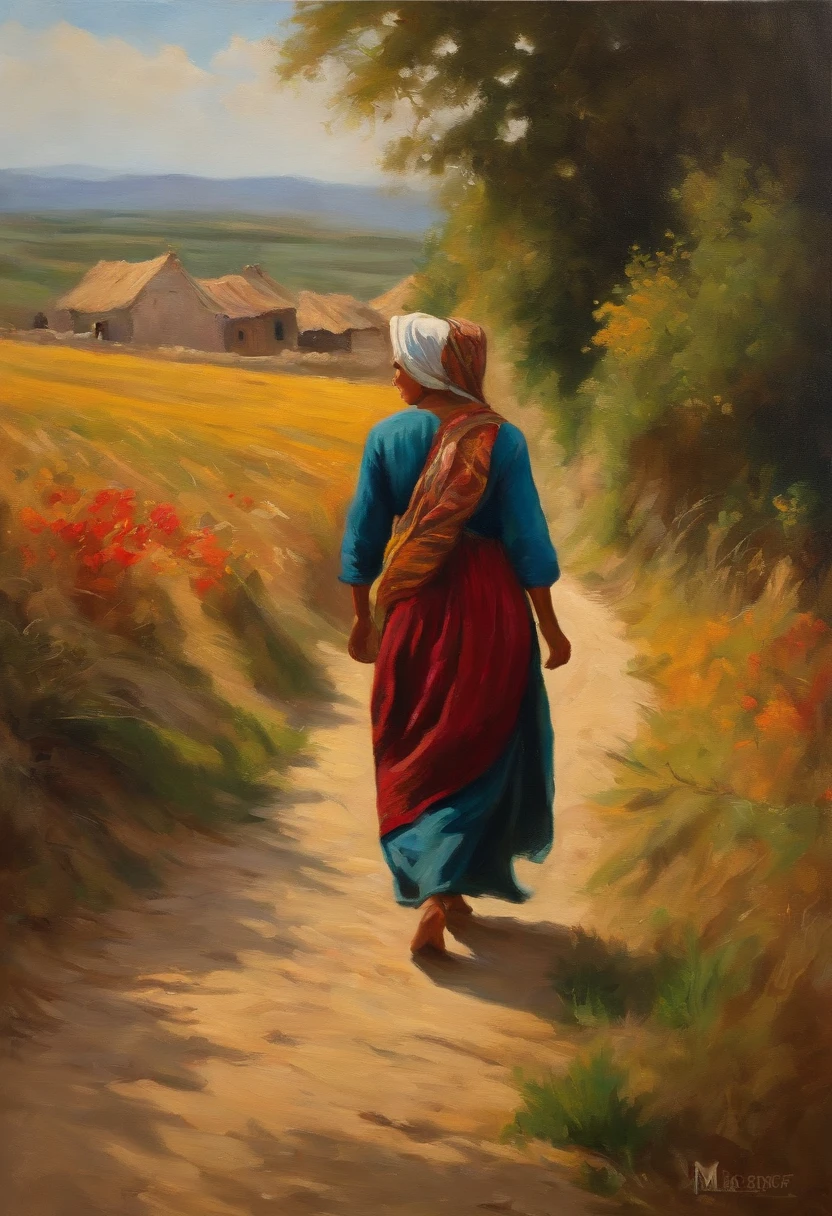 oil painting,side view of a peasant woman, walking to the village,pontilism, inpressionism