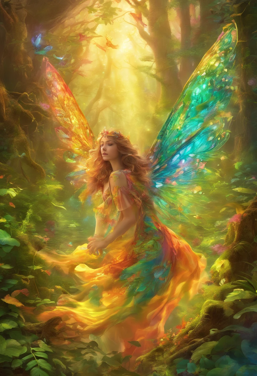 (best quality,4k,8k,highres,masterpiece:1.2),ultra-detailed,(realistic,photorealistic,photo-realistic:1.37),forest nymph elemental with glowing wings, made of leaves and nature,ethereal glow,pure,sublime,greenery,dreamy environment,magical enchantment,delicate and intricate leaf patterns,harmonious blending with surroundings,reflections of sunlight on wings,glimmering and radiant glow in the dark,serene and graceful posture,summoning the powers of nature,tiny sparkling dewdrops on wings,soft and gentle color palette,air of mystery and enchantment,subtle hints of magic in the air,whispering winds and rustling leaves,connection with trees and plants,strong connection with the forest,overflowing with natural energy,pristine beauty and innocence,evokes a sense of wonder and awe,graceful and fluid movement,natural and organic aesthetics,celestial and ethereal presence,rays of sunlight filtering through the forest canopy,fairy-like features,wise and ancient aura,enchanted and untamed forest realm,magic in every step and flutter,delicate and ephemeral,illuminating the darkest corners of the forest,close bond with animals and creatures of the forest,peaceful and tranquil atmosphere,deep sense of harmony between nature and the nymph,whispering secrets of the forest,each leaf intricately designed and vibrant with life,overwhelming sense of tranquility and serenity,sprightly and playful spirit.