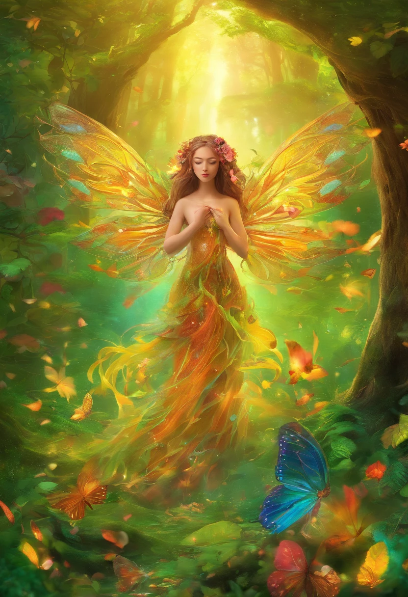 (best quality,4k,8k,highres,masterpiece:1.2),ultra-detailed,(realistic,photorealistic,photo-realistic:1.37),forest nymph elemental with glowing wings, made of leaves and nature,ethereal glow,pure,sublime,greenery,dreamy environment,magical enchantment,delicate and intricate leaf patterns,harmonious blending with surroundings,reflections of sunlight on wings,glimmering and radiant glow in the dark,serene and graceful posture,summoning the powers of nature,tiny sparkling dewdrops on wings,soft and gentle color palette,air of mystery and enchantment,subtle hints of magic in the air,whispering winds and rustling leaves,connection with trees and plants,strong connection with the forest,overflowing with natural energy,pristine beauty and innocence,evokes a sense of wonder and awe,graceful and fluid movement,natural and organic aesthetics,celestial and ethereal presence,rays of sunlight filtering through the forest canopy,fairy-like features,wise and ancient aura,enchanted and untamed forest realm,magic in every step and flutter,delicate and ephemeral,illuminating the darkest corners of the forest,close bond with animals and creatures of the forest,peaceful and tranquil atmosphere,deep sense of harmony between nature and the nymph,whispering secrets of the forest,each leaf intricately designed and vibrant with life,overwhelming sense of tranquility and serenity,sprightly and playful spirit.