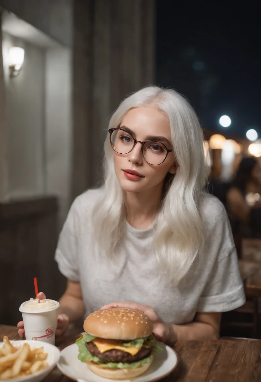 There's a woman with white hair and street clothes posing eating hamburger, bespectacled, sorrindo, corpo inteiro, Modelo feminina de 24 anos, menina do cabelo prateado, menina com cabelo branco, Posando, menina com cabelo branco curto, In the light of a building, it is night time, Ultra sharp focus, Filmagem realista, Women's clothing