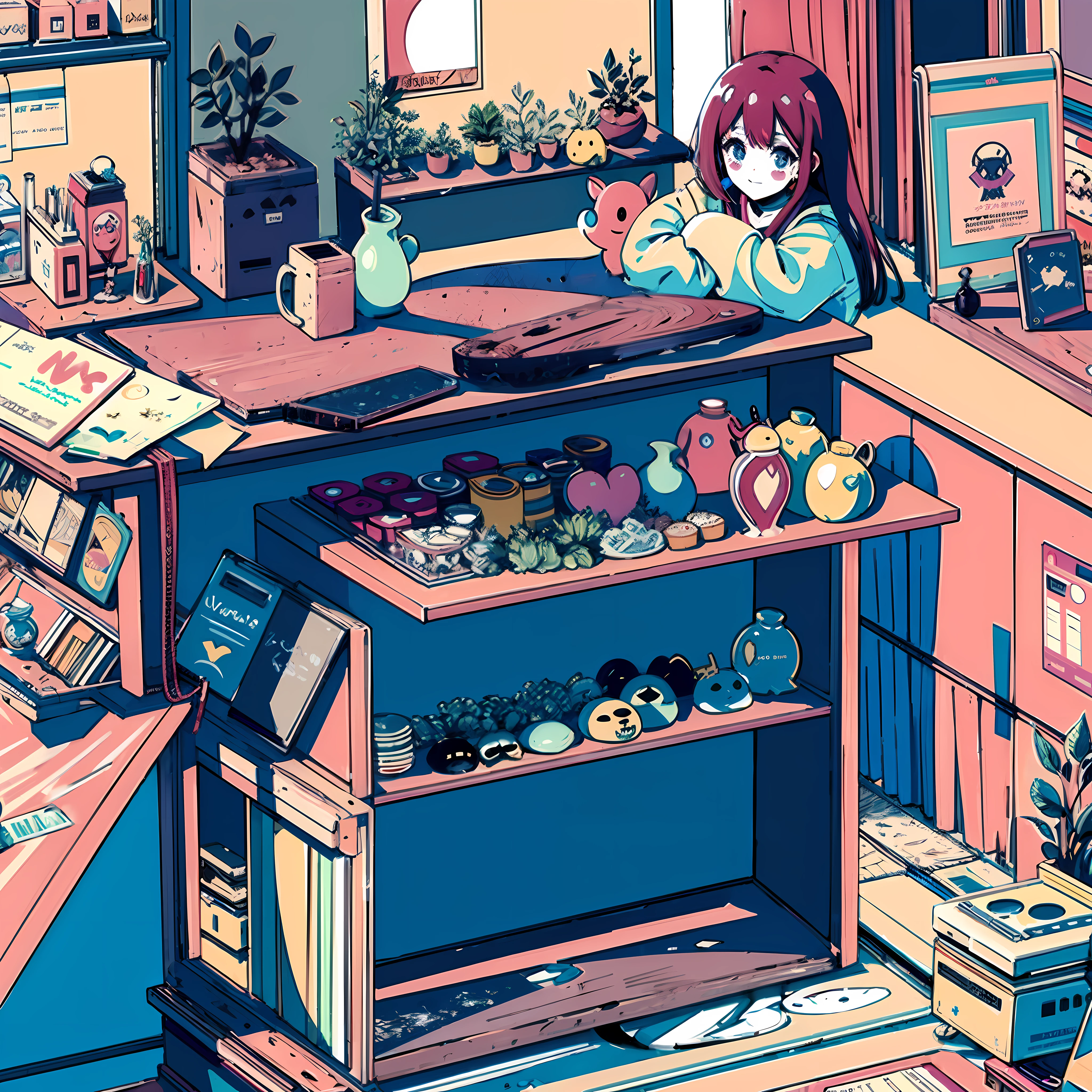 (masterpiece:1.5, best quality:1.5), ((VaporWave style, partially coloring)), close-up, from above, cinematic angle, (((vanilla))), 
1girl, solo, cute smile, (hold a vanilla ice cream), gemstone decoration, long_hair, in ice cream shop, dolls were in a mess, decadent life, 
pole outside the window, sunset outside the window, street outside the window, the sunset outside the window,