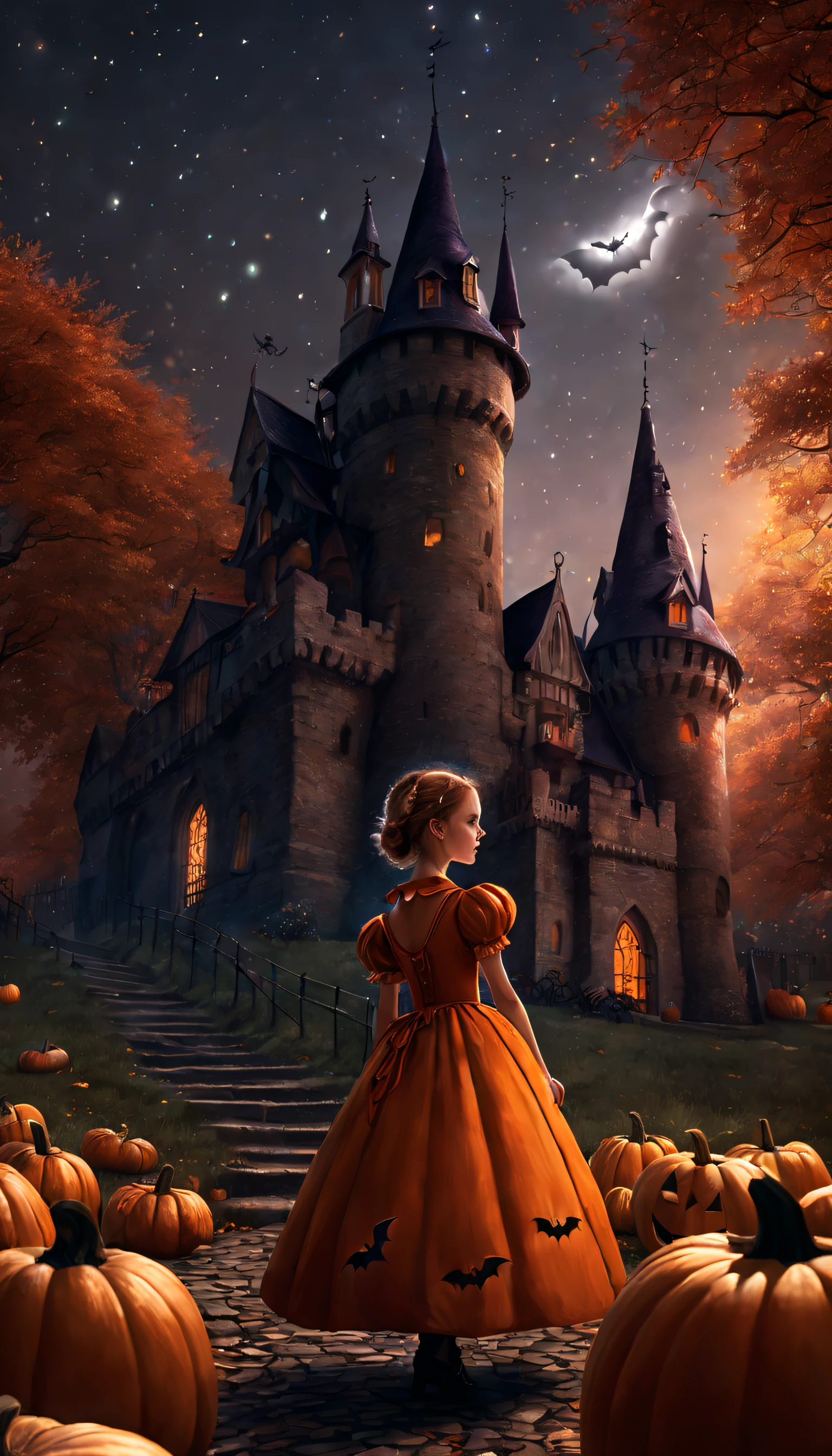 Halloween,(A girl in a pumpkin-shaped costume),Trick or treat without sugar,ssmile,Elegant Victorian style, retro-futuristic, Clothing ideas,Vibrant colors, Surreal, Layers of autumn leaves, glittering stars,Enchanting moonshine,(Dimly lit castle),A lonely path that leads to the entrance to the castle,dark palette,Subtle orange and red,Crumbling tombstones,mystical aura,(Remote location),(the bats:1.1),Bats fly overhead,black cats,hauntingly beautiful,Celebrate the celebrations,Magical tricks,Youth and innocence.(Best quality,4K,8K,A high resolution,Masterpiece:1.2),Ultra-detailed,(Realistic,Photorealistic,photo-realistic:1.37).