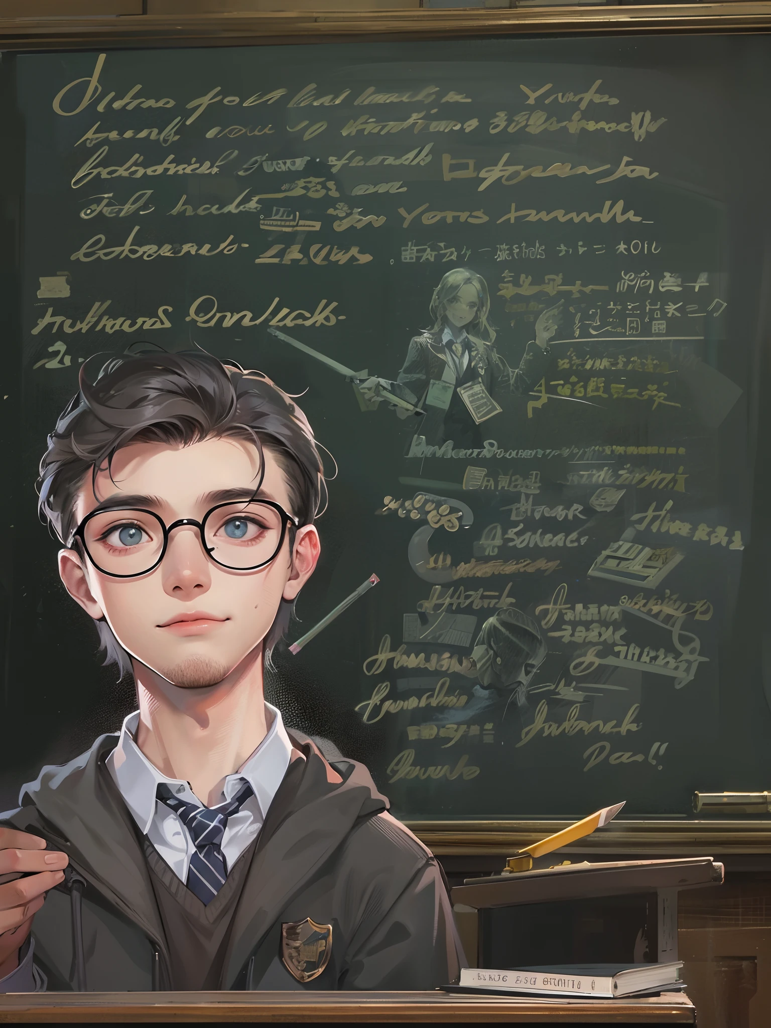 Harry potter theme showing a Young male teacher, Dress neatly, Professional clothing, Well organized impression, youthfulenergy, Smooth skin, Bright eyes, Gentle and confident expression, Straight waist, Tall and confident, An air of tenacity and determination, Determined gaze, ssmile, Passion and dedication,Chalk in your hand,blackboards,A group of students sat under the classroom podium,tmasterpiece,Best quality at best,4K,8K,high qulity,A high resolution