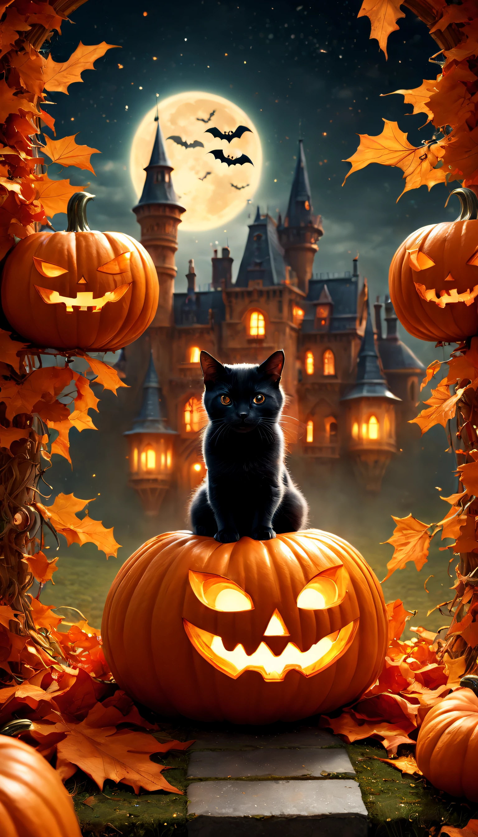 Halloween,(A girl in a pumpkin-shaped costume),Trick or treat without sugar,ssmile,Elegant Victorian style, retro-futuristic, Clothing ideas,Vibrant colors, Surreal, Layers of autumn leaves, glittering stars,Enchanting moonshine,(Dimly lit castle),A lonely path that leads to the entrance to the castle,dark palette,Subtle orange and red,Crumbling tombstones,mystical aura,(Remote location),(the bats:1.1),Bats fly overhead,black cats,hauntingly beautiful,Celebrate the celebrations,Magical tricks,Youth and innocence.(Best quality,4K,8K,A high resolution,Masterpiece:1.2),Ultra-detailed,(Realistic,Photorealistic,photo-realistic:1.37).