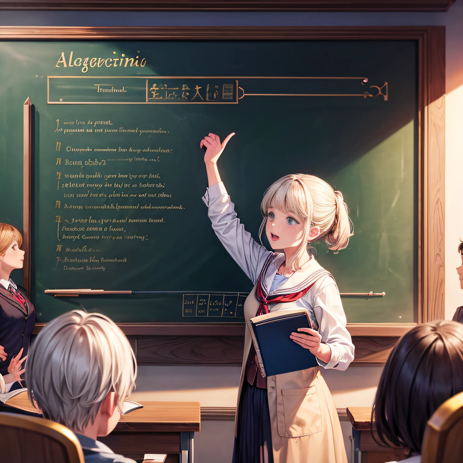 Magical Academy, Class situation, An old woman teacher is holding a book and lecturing to students in front of the blackboard. (Masterpiece), (Best Quality), (Ultra high Detailed)