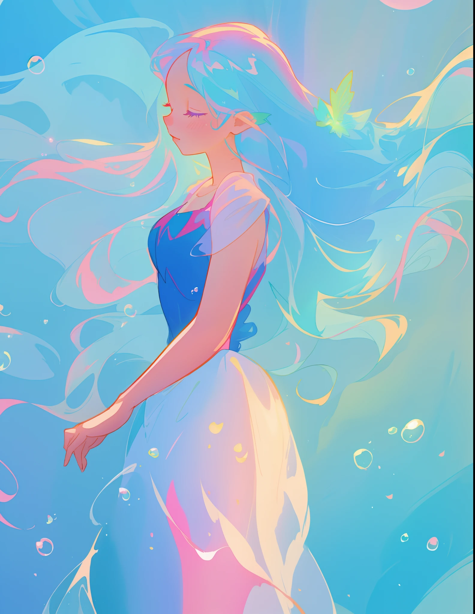 beautiful girl in colorful flowing ballgown, fairy dress, long flowing blue hair, blue aqua mint and pink colors, bubbles, watercolor illustration, inspired by Glen Keane, inspired by Lois van Baarle, disney art style, by Lois van Baarle, glowing aura around her, by Glen Keane, jen bartel, glowing lights! digital painting, flowing glowing hair, glowing flowing hair, beautiful digital illustration, fantasia otherworldly landscape plants flowers, beautiful, masterpiece, best quality, anime disney style