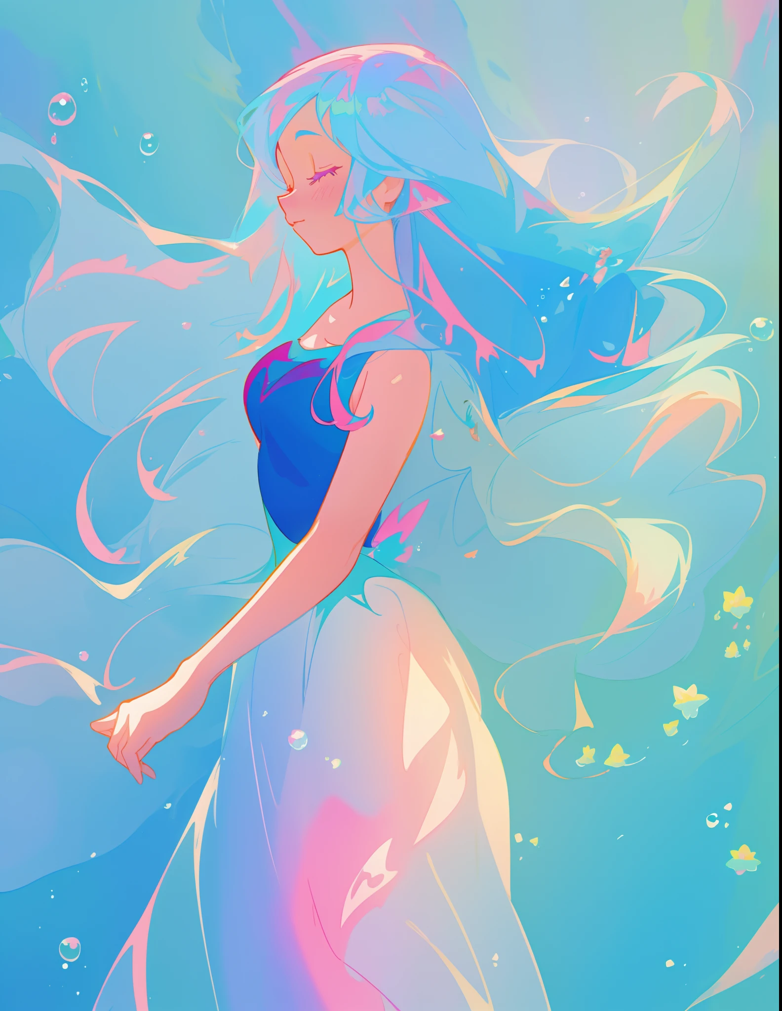 beautiful girl in colorful flowing ballgown, fairy dress, long flowing blue hair, blue aqua mint and pink colors, bubbles, watercolor illustration, inspired by Glen Keane, inspired by Lois van Baarle, disney art style, by Lois van Baarle, glowing aura around her, by Glen Keane, jen bartel, glowing lights! digital painting, flowing glowing hair, glowing flowing hair, beautiful digital illustration, fantasia otherworldly landscape plants flowers, beautiful, masterpiece, best quality, anime disney style
