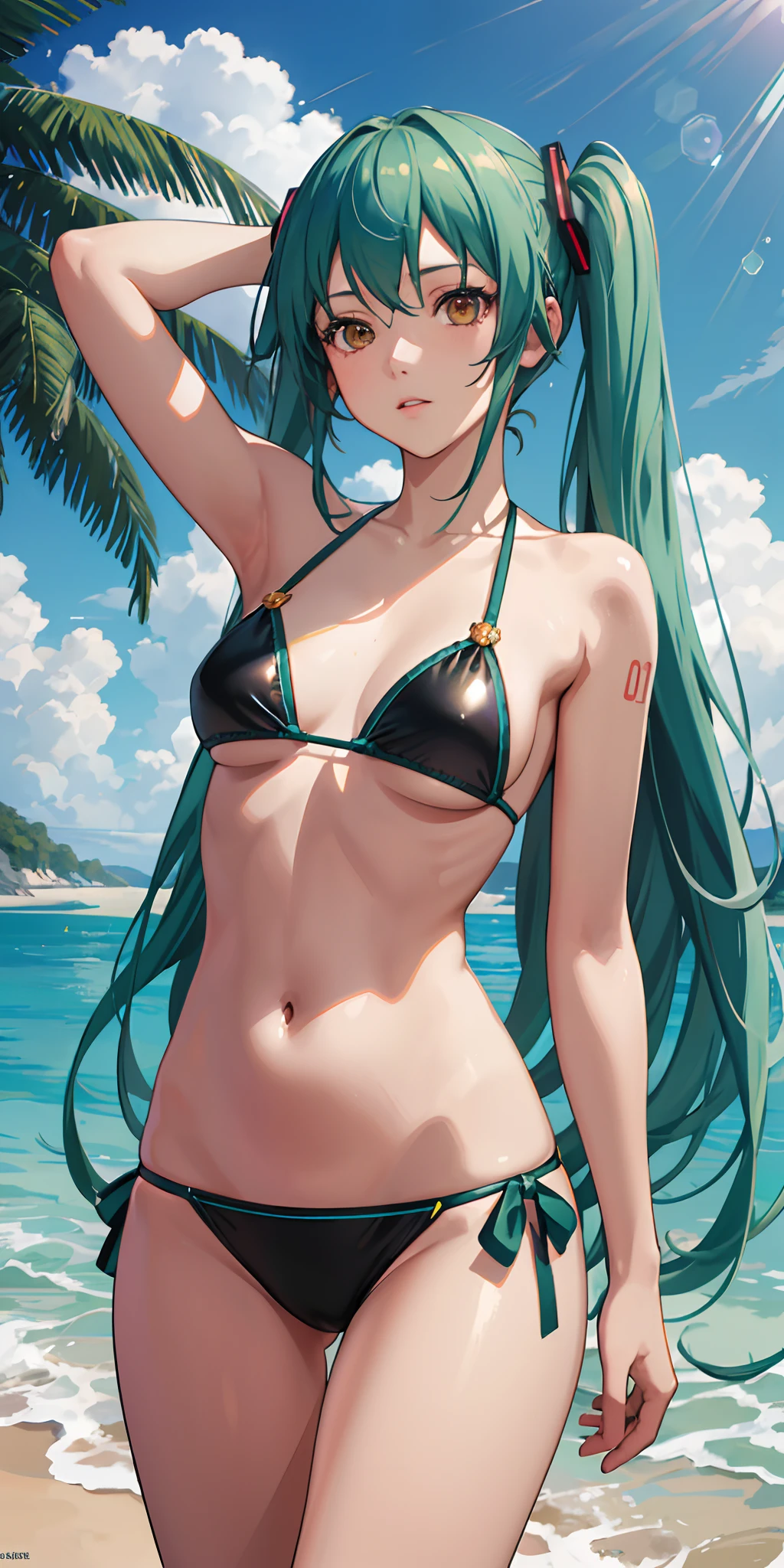 Absurdres masterpiece HDR high quality picture of realistic, 1girl, like green hair, orange eyes, hatsune miku, bikini, beach, light particles, light rays, wallpaper,