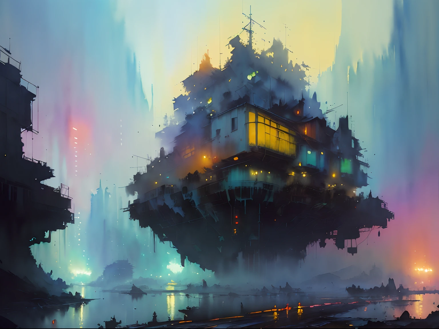 colorful, ((watercolor painting by John Berkey and Jeremy Mann)) brush strokes, sweater, 8k, fantasy art, mysterious, Bokeh, and floating islands, (photorealistic painting, masterpiece:1.2, vibrant color palette:1.1), dramatic, (best quality:1.1), misty night, watermill, cowboy shot, trending on CGsociety, ((best quality))