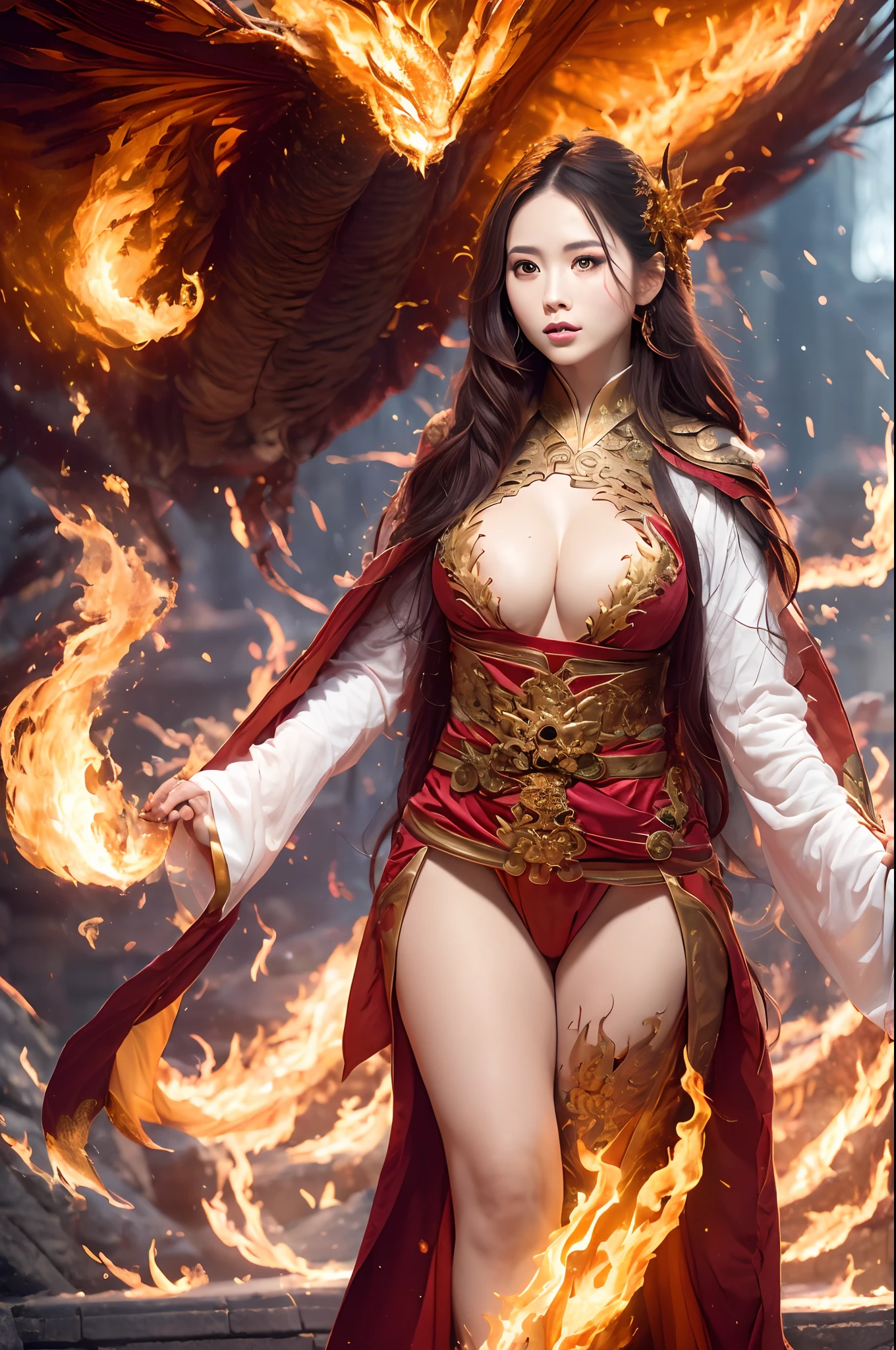 (Masterpiece), (Best quality), 1 girl, (shinigami),(breathingfire:1.5), gazing, standing, watch audience, A cloak that covers the whole body, (Skeleton decorated robes), (A gold skull pendant hangs from his waist), (Armed with a death scythe:1.2), Transparent gold glowing gold skeleton, Skull boots, nipple tassels, Fire,fenghuang