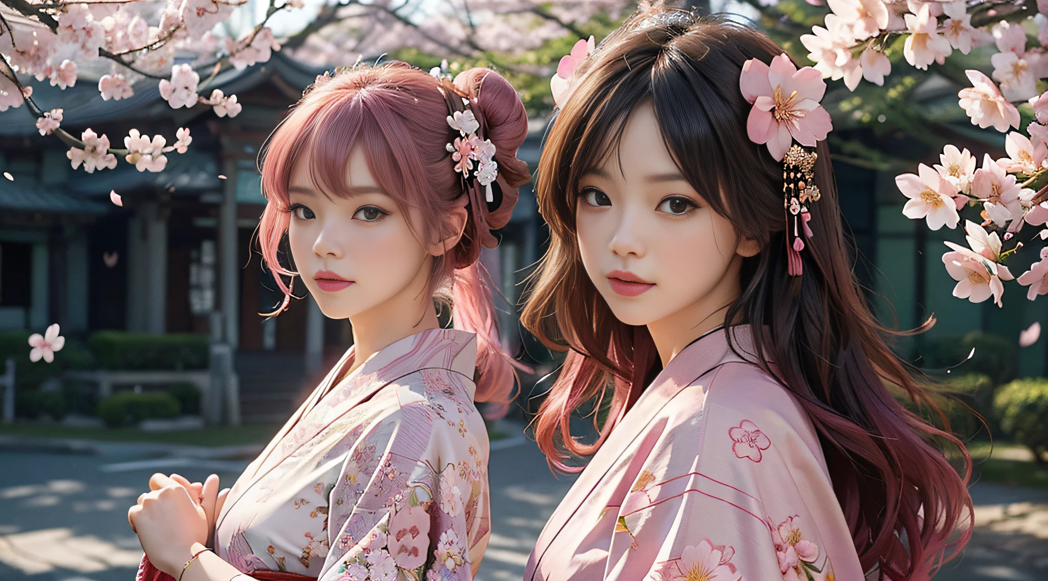 master-piece、top-quality、photo-realistic , deep depth of field 、(Sexy)、(Background of cherry blossoms in full bloom),(super beauty),Kimono with beautiful patterns)、(Night Background)、((Wearing a skeleton helmet)),(Wear a beautiful kimono),(Wear a beautiful kimono with colorful floral patterns),perfect breasts,sexy face,long-haired,pink hair,Beautiful breasts,