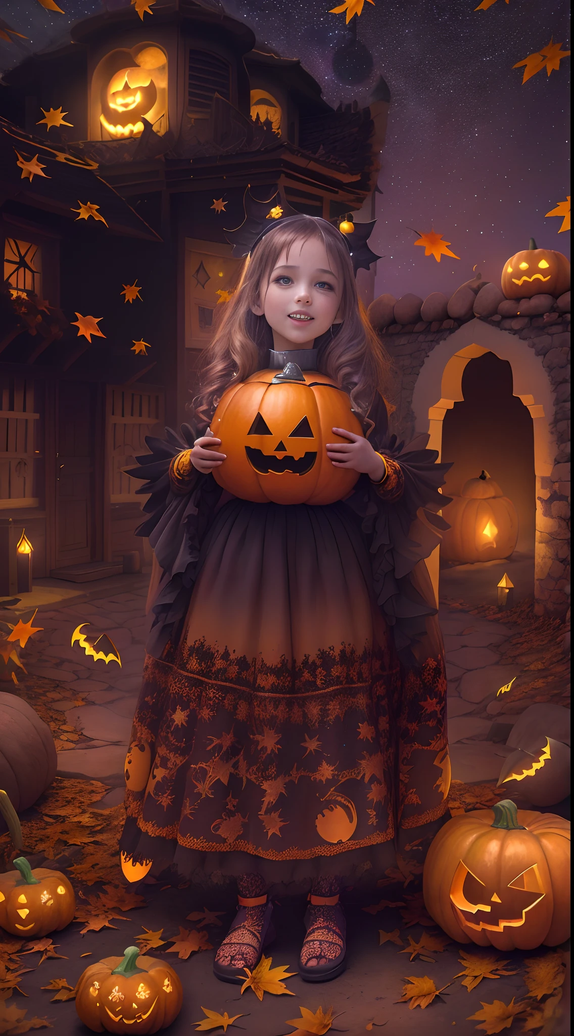 (Detailed,A high resolution) A group of kids in Halloween costumes, Play and have fun. They wear meticulous and creative costumes,vibrant with colors,Complex design. There is an eerie atmosphere, The surrounding light is dim,The full moon shines in the night sky. The children were surrounded by pumpkins, Ghosts, and other traditional Halloween decorations. They laughed and laughed, Get in the festive spirit. The scene was full of energy and excitement, Capture the joy and excitement of Halloween night.