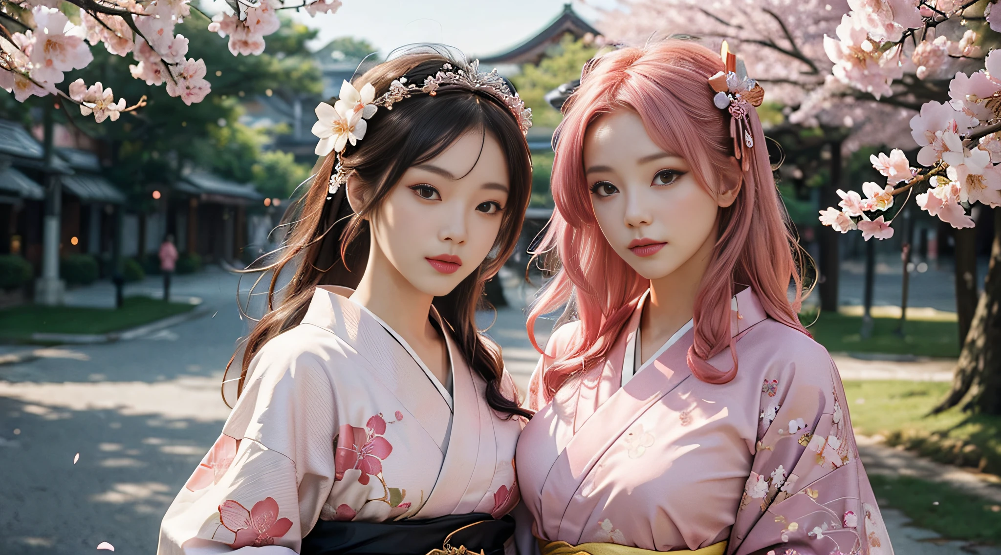 master-piece、top-quality、photo-realistic , deep depth of field 、（Sexy）、(Background of cherry blossoms in full bloom),（super beauty),Kimono with beautiful patterns）、（Night Background）、（（Wearing a skeleton helmet））,(Wear a beautiful kimono),（Wear a beautiful kimono with colorful floral patterns）,perfect breasts,sexy face,long-haired,pink hair,Beautiful breasts,